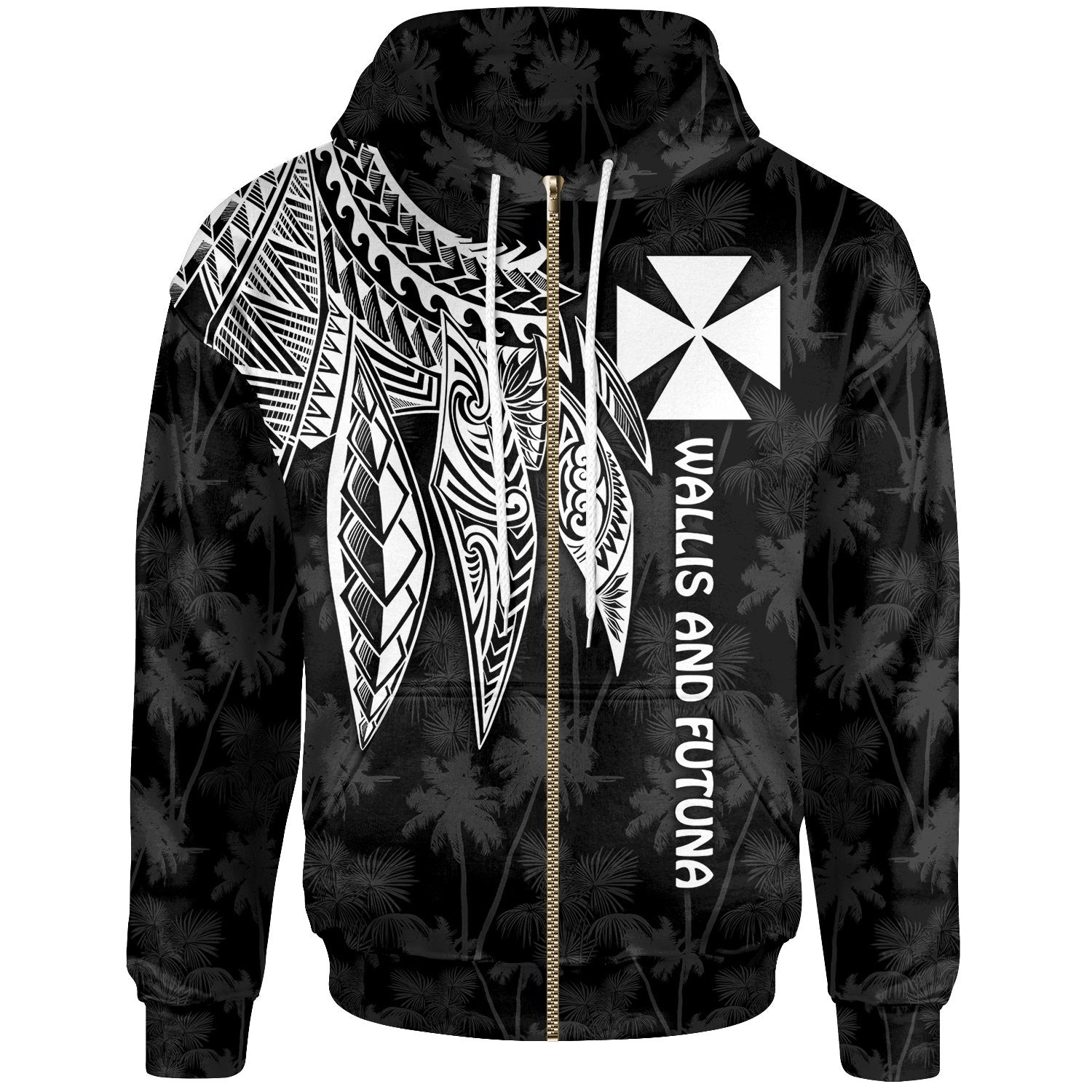 Wallis and Futuna Zip up Hoodie Polynesian Wings White Unisex Black - Polynesian Pride