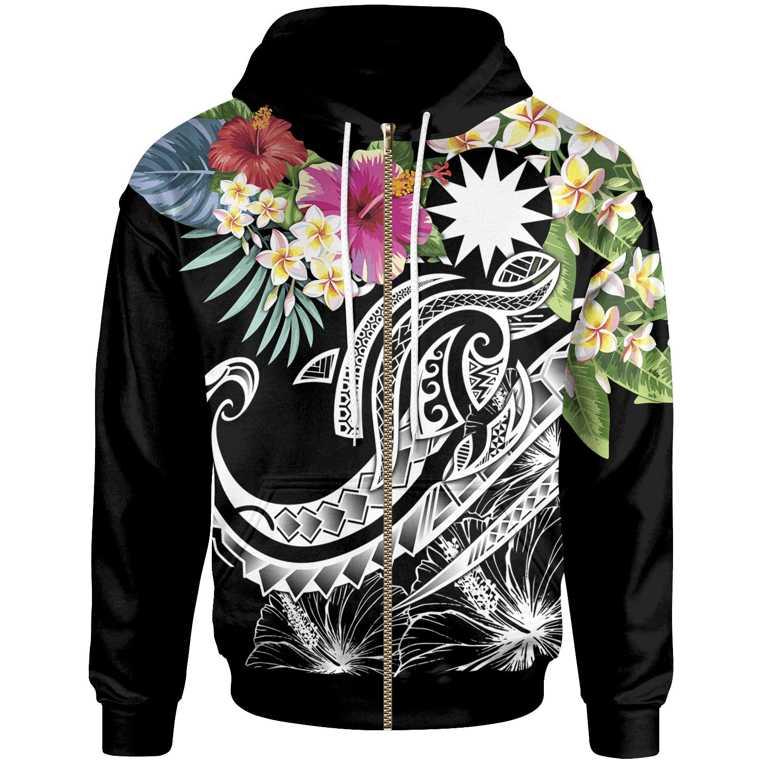 Nauru Polynesian Zip up Hoodie Summer Plumeria (Black) Unisex Black - Polynesian Pride