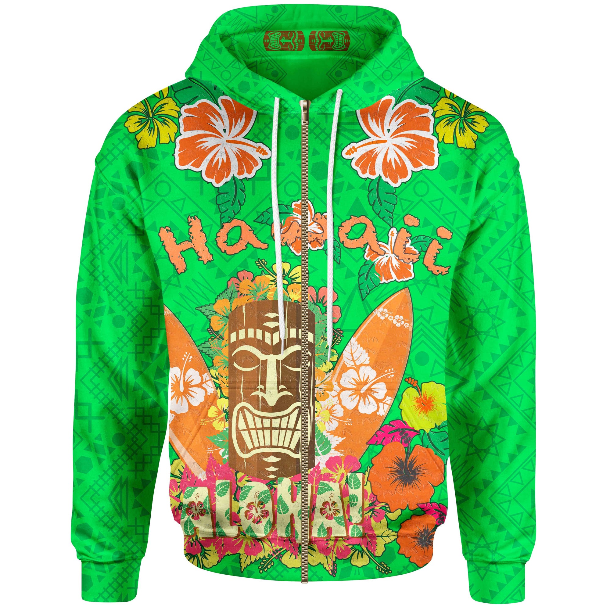 Hawaii Zip up Hoodie Aloha Hawaii Tiki Statue (Green) Unisex Green - Polynesian Pride