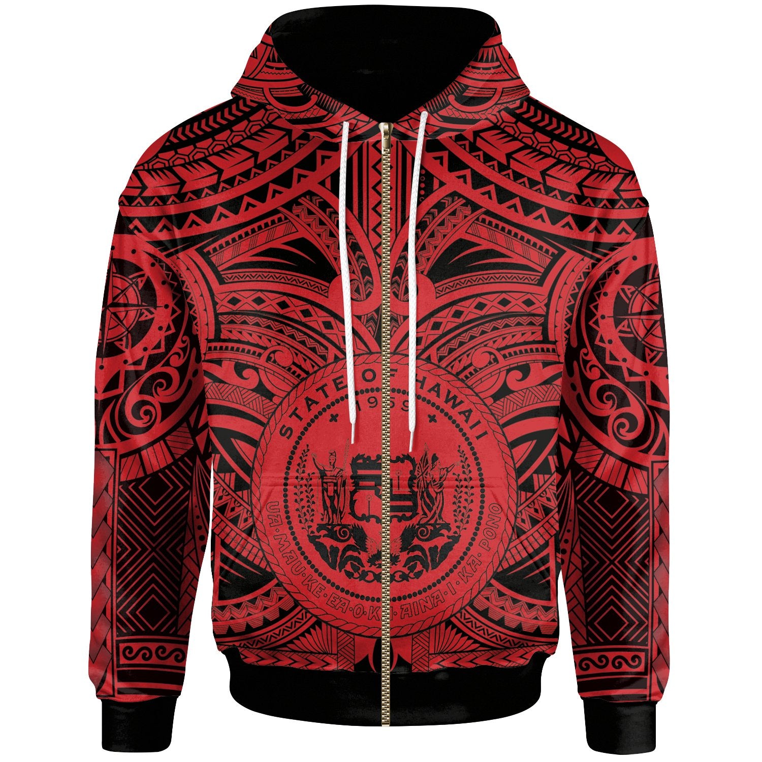 Polynesian Hawaii Zip up Hoodie Coat of Arm Hawaii & Polynesian Tattoo Red - Polynesian Pride