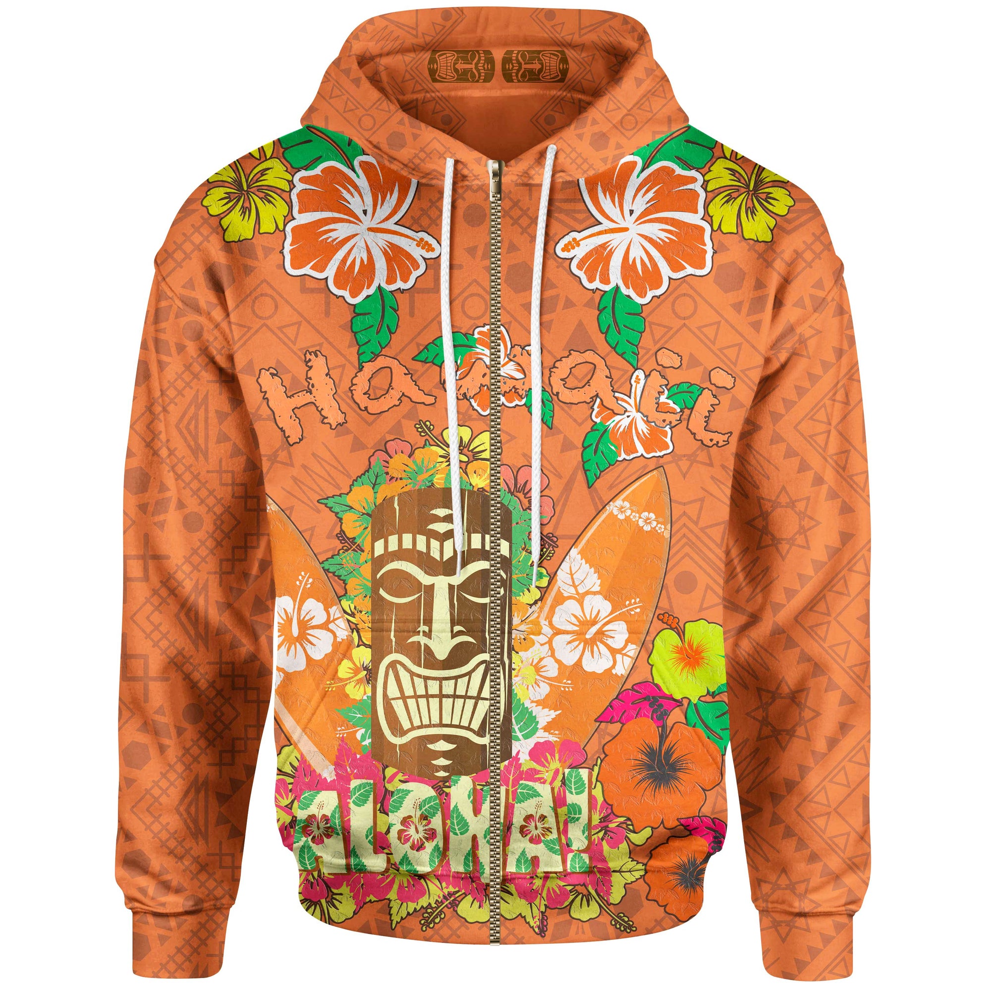 Hawaii Zip up Hoodie Aloha Hawaii Tiki Statue (Orange) Unisex Orange - Polynesian Pride