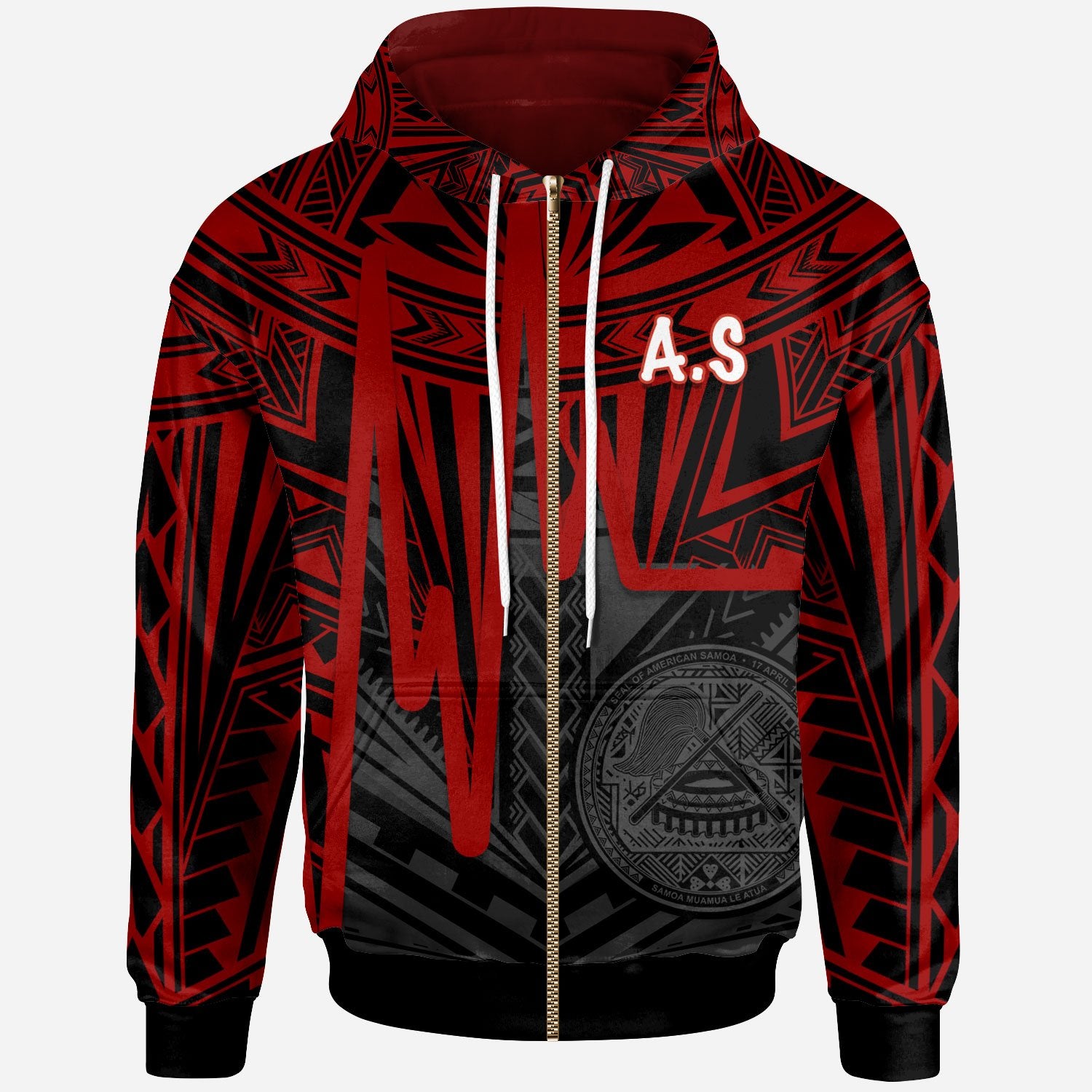 American Samoa Zip up Hoodie Seal With Polynesian Pattern Heartbeat Style (Red) Unisex Red - Polynesian Pride