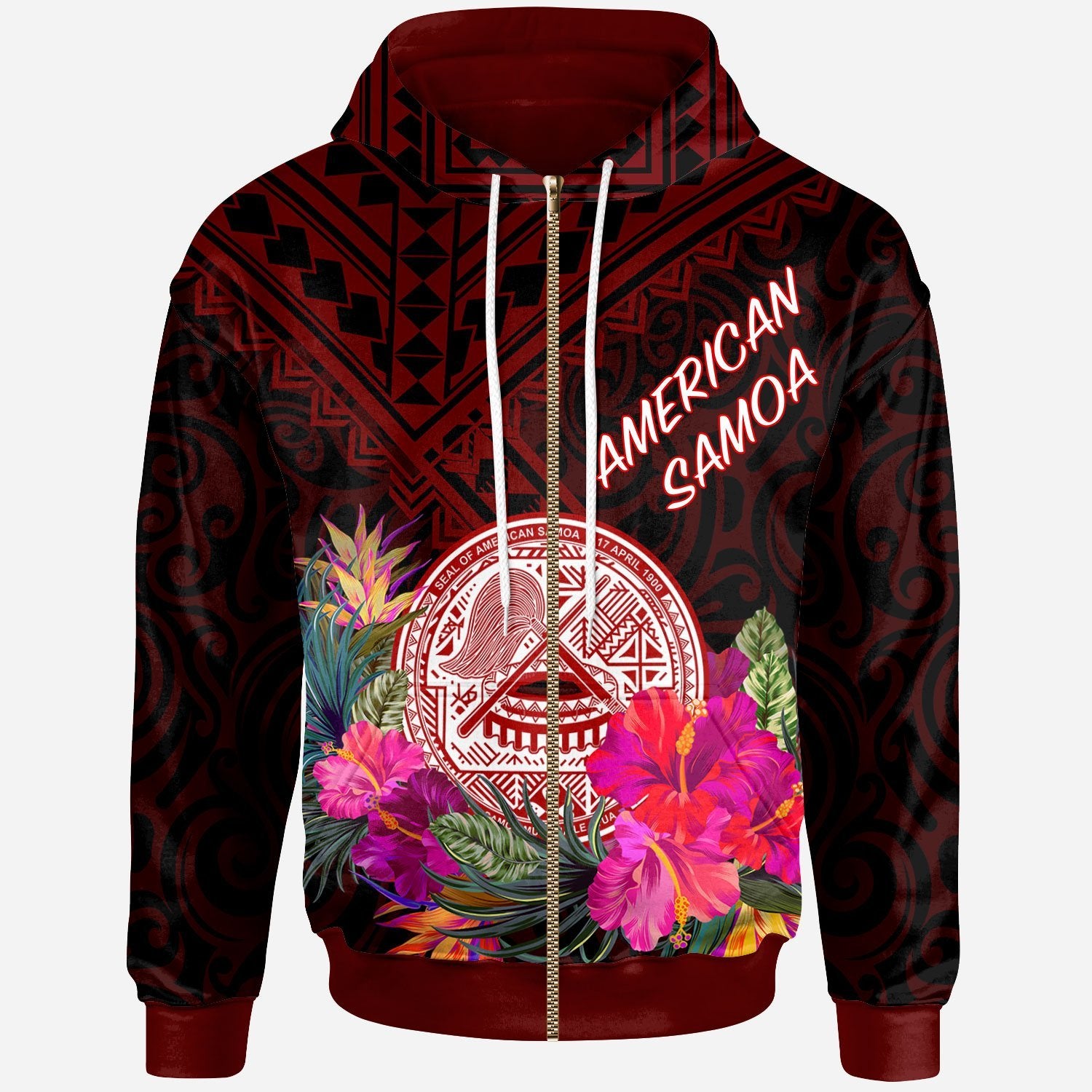 American Samoa Zip up Hoodie Coat of Arm With Polynesian Patterns Unisex Red - Polynesian Pride