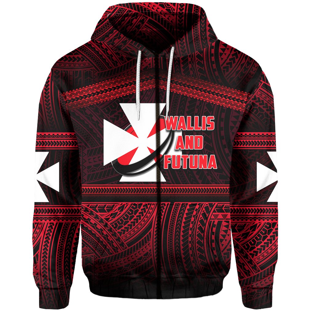 Wallis and Futuna Rugby Polynesian Patterns Zip Hoodie Unisex Red - Polynesian Pride