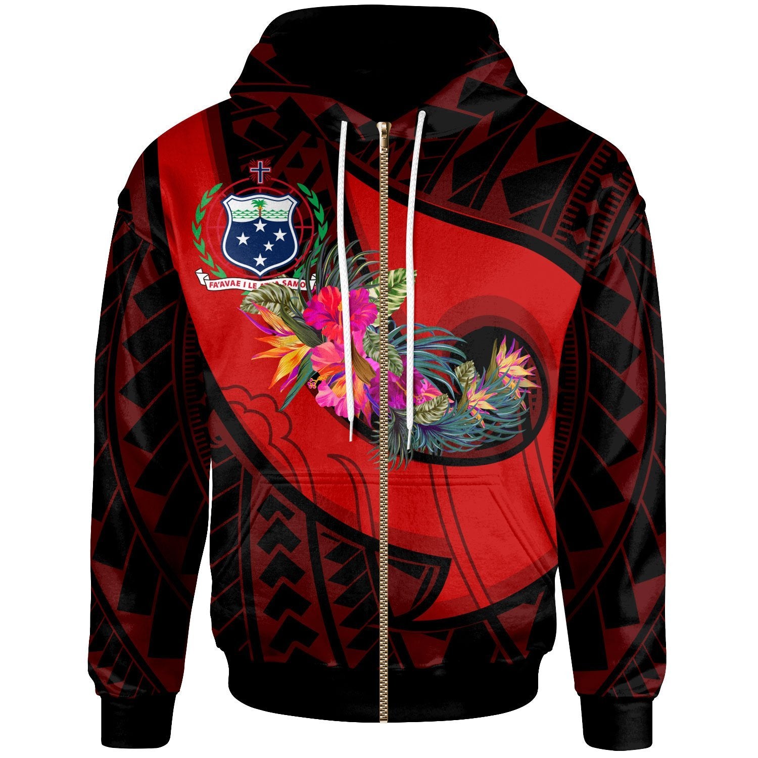 Samoa Zip up Hoodie Polynesian Hook and Hibiscus (Red) Red - Polynesian Pride