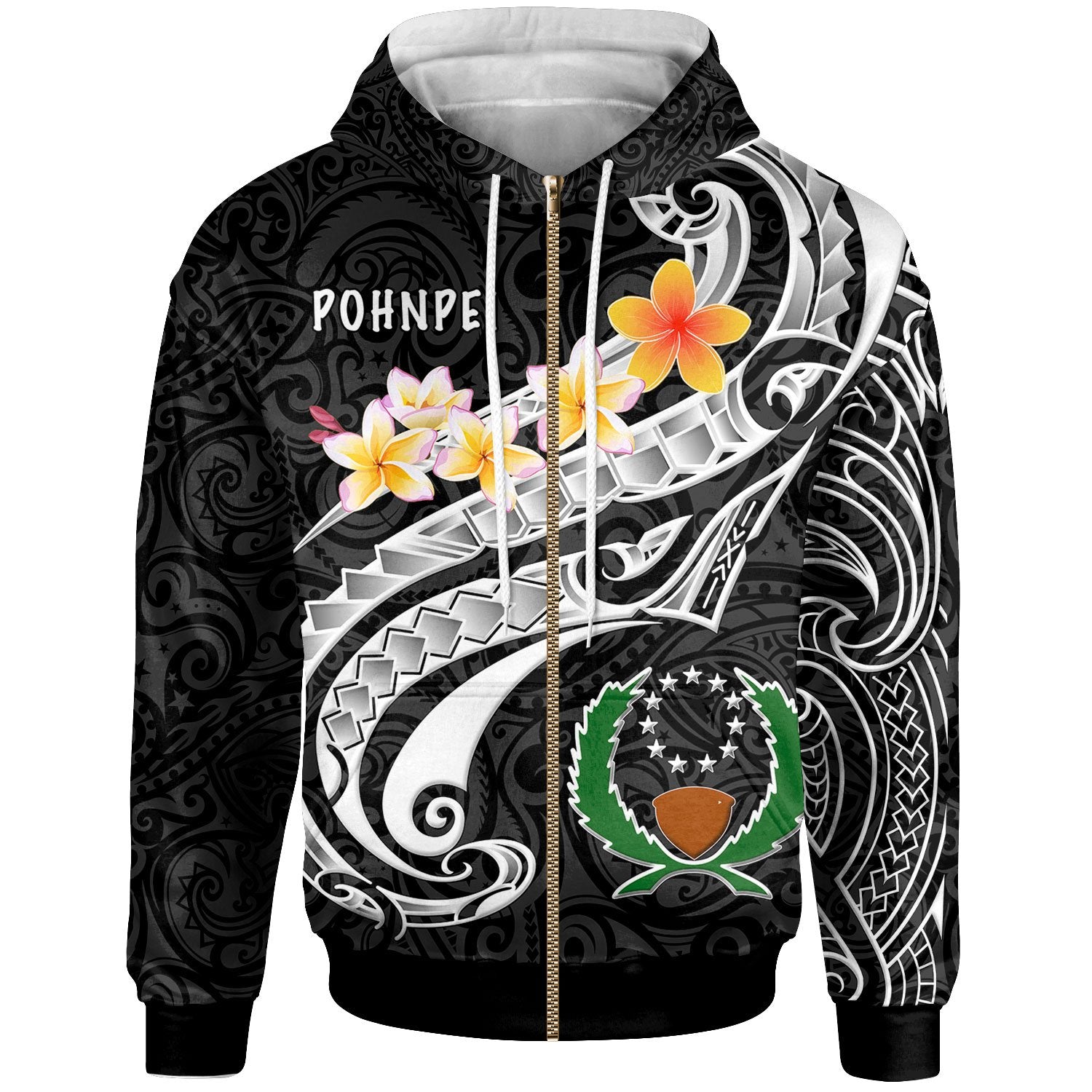 Pohnpei Zip up Hoodie Pohnpei Seal Polynesian Patterns Plumeria (Black) Unisex Black - Polynesian Pride