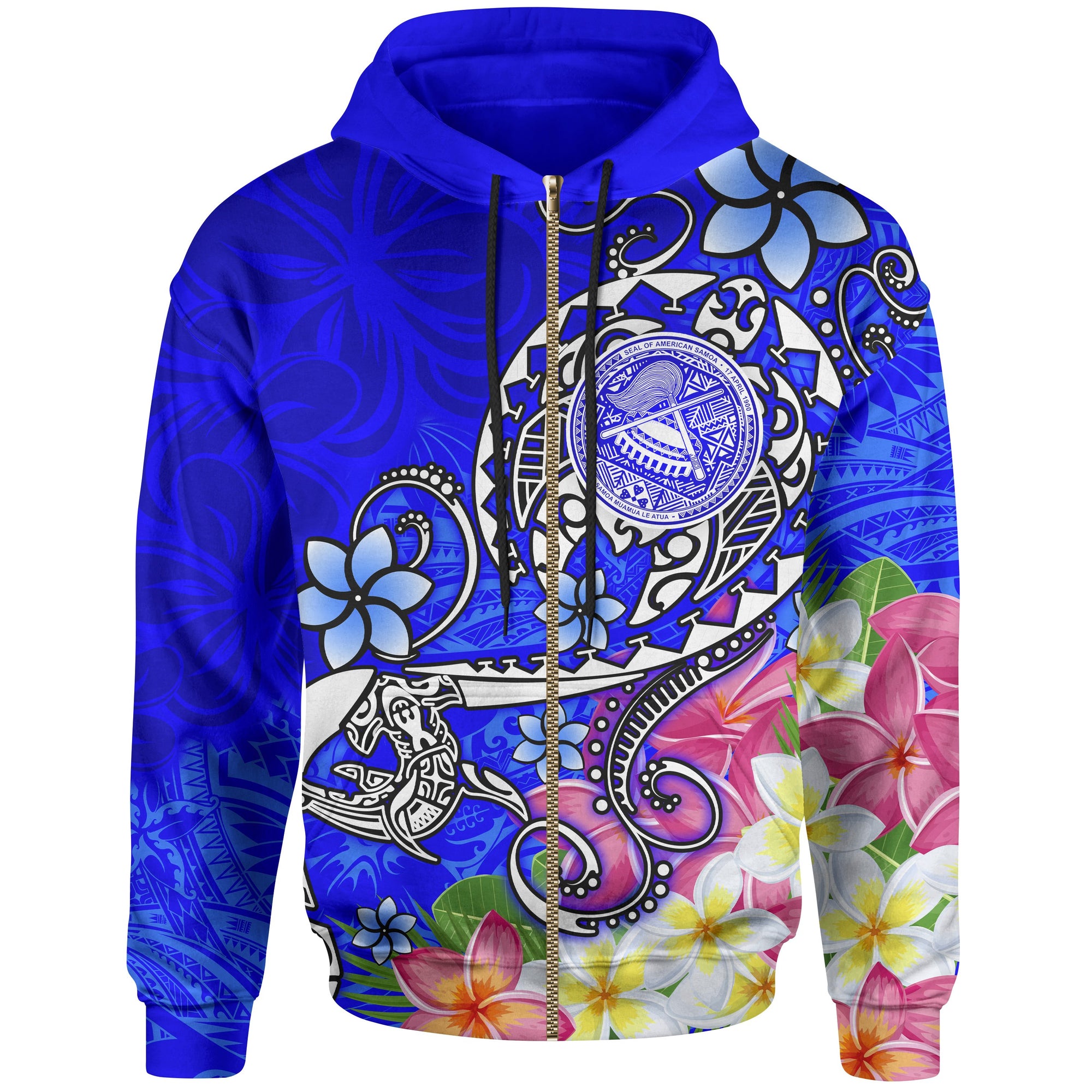 American Samoa Polynesian Zip up Hoodie Turtle Plumeria (Blue) Unisex Blue - Polynesian Pride