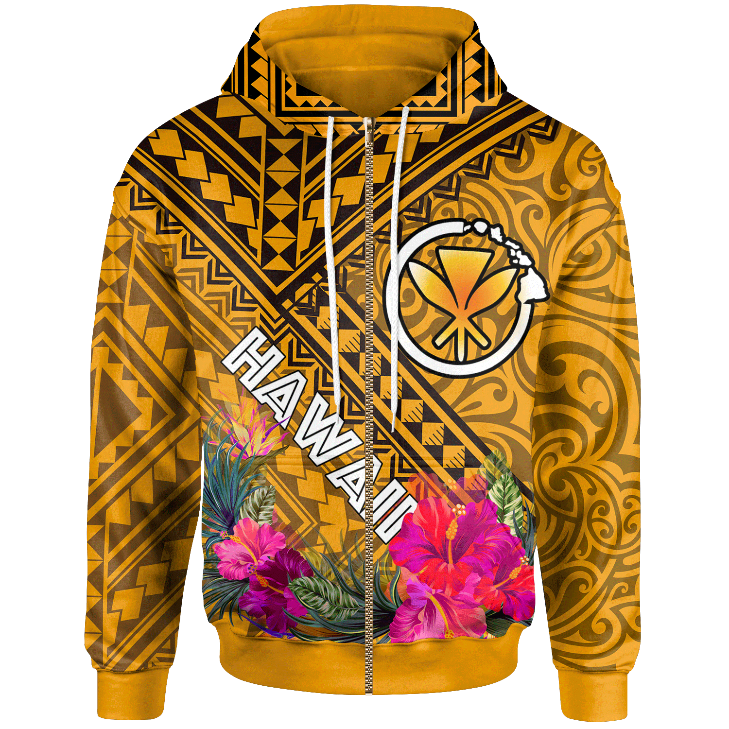 Hawaii Zip up Hoodie Kanaka Maoli With Hibiscus On Polynesian Patterns (YELLOW) Unisex Yellow - Polynesian Pride