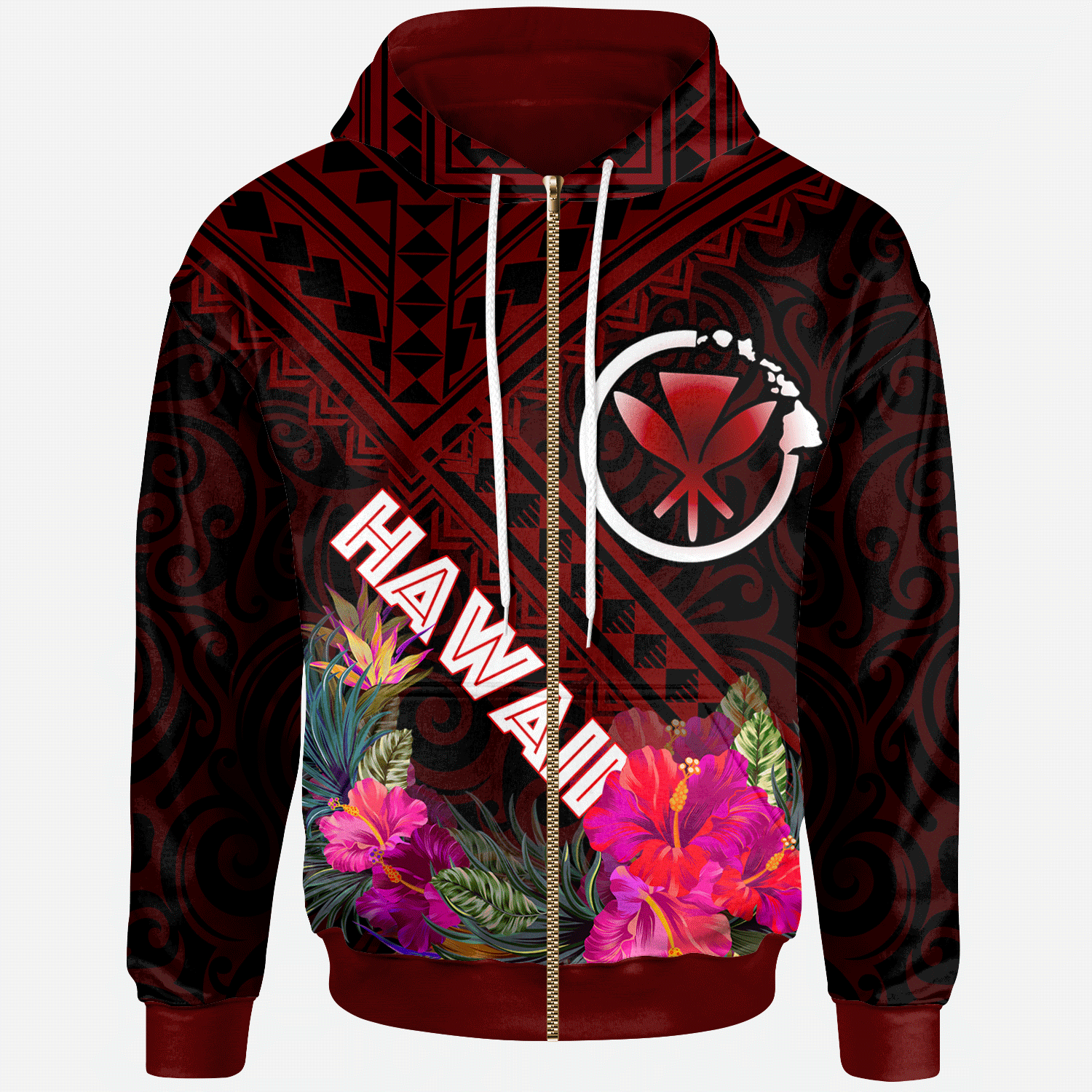 Hawaii Zip up Hoodie Kanaka Maoli With Hibiscus On Polynesian Patterns (RED) Unisex Red - Polynesian Pride