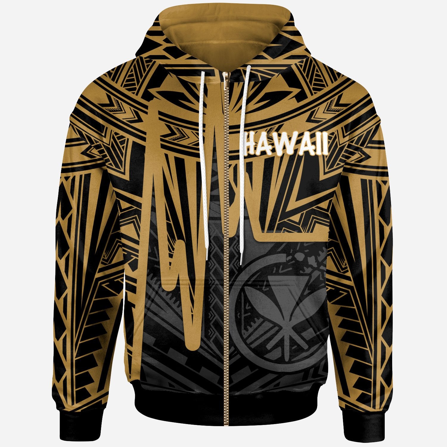 Hawaii Zip up Hoodie Kanaka Maoli With Polynesian Pattern In Heartbeat Style (Gold) Unisex Gold - Polynesian Pride