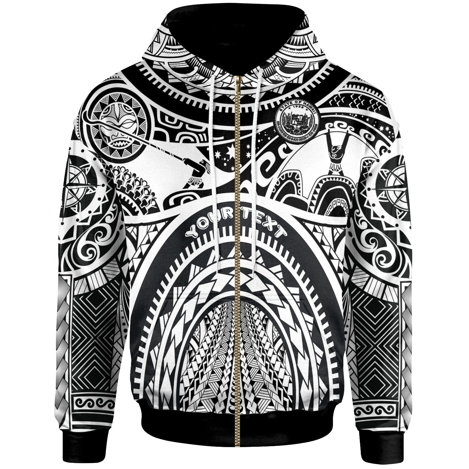 Custom Polynesian Hawaii Zip up Hoodie Coat of Arm Hawaii & Maui Tattoo Unisex White - Polynesian Pride