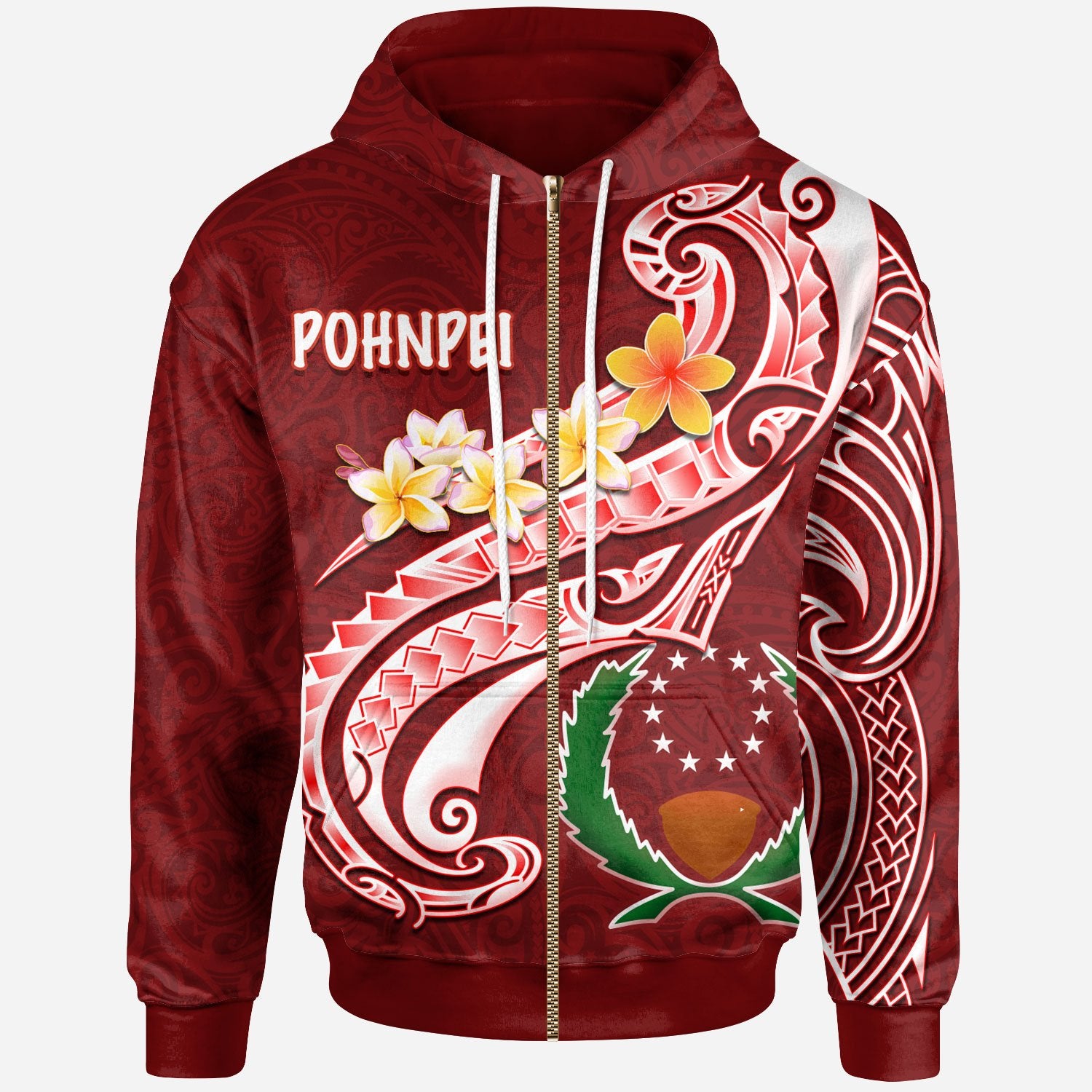 Pohnpei Zip up Hoodie Pohnpei Seal Polynesian Patterns Plumeria Unisex Red - Polynesian Pride