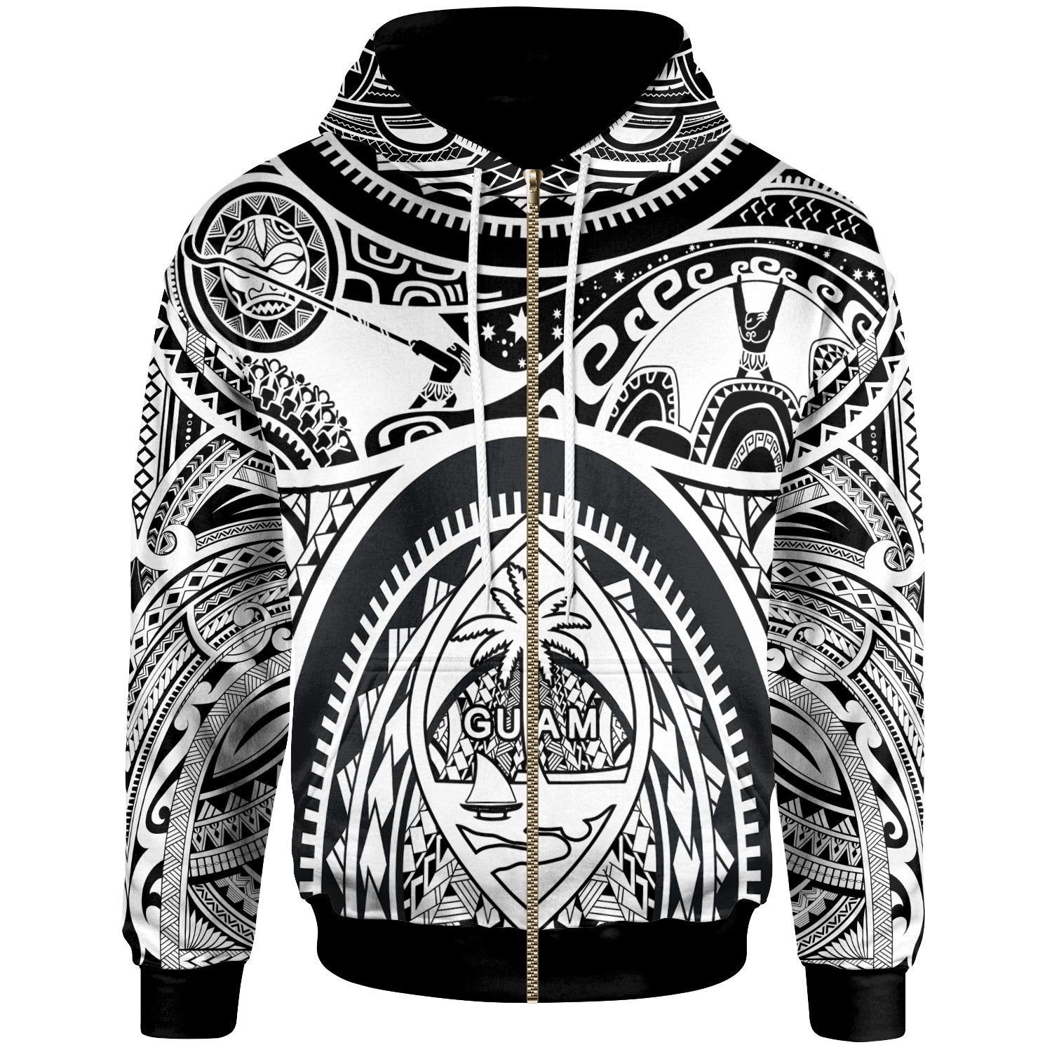 Polynesian Zip up Hoodie Guam Flag, Seal with Maui Moana Tattoo Unisex Reggae - Polynesian Pride