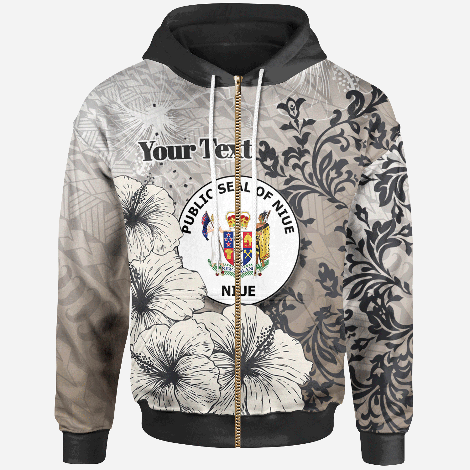 Niue Zip Hoodie Custom Vintage Luxury Floral Style Unisex Nude - Polynesian Pride