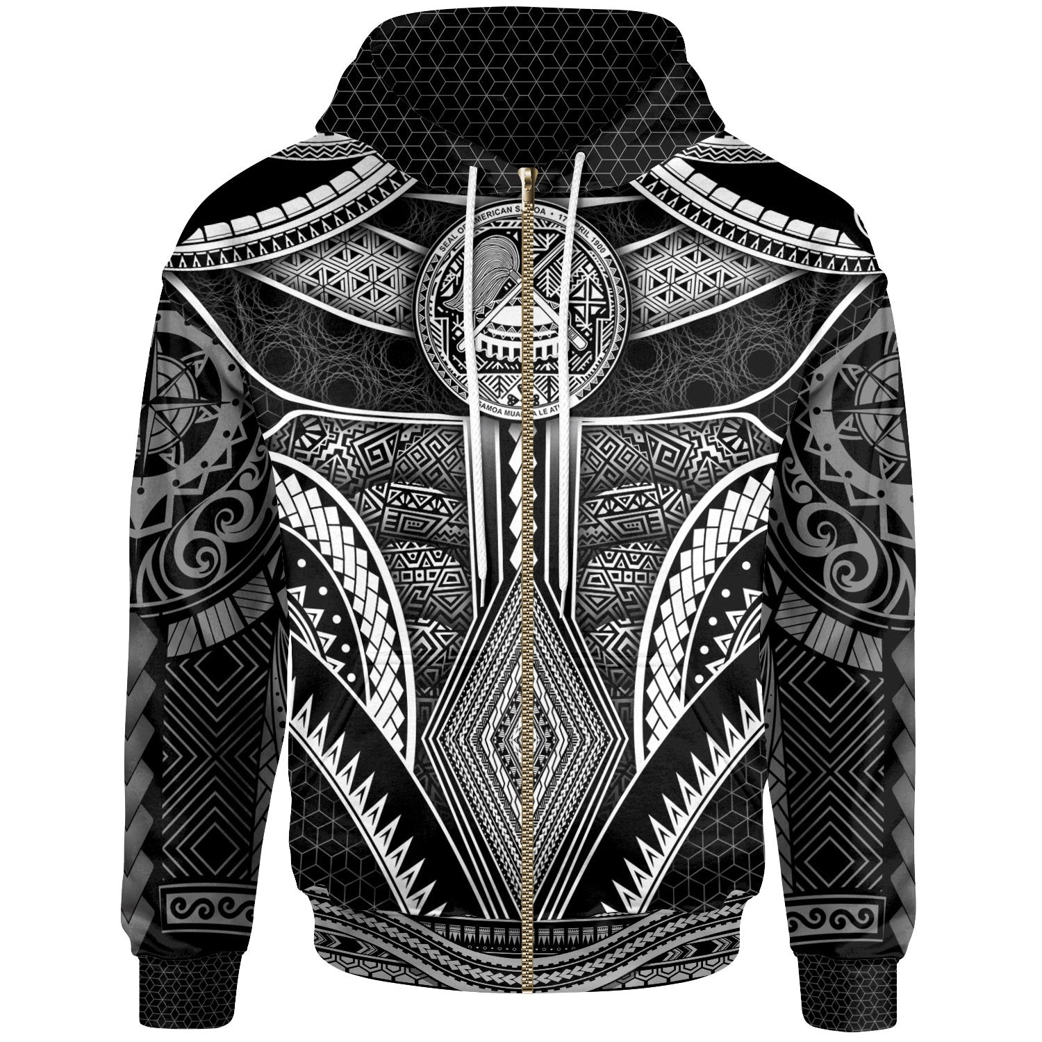 Polynesian Zip up Hoodies American Samoa Coat of Arm With Poly Patterns Unisex Black - Polynesian Pride