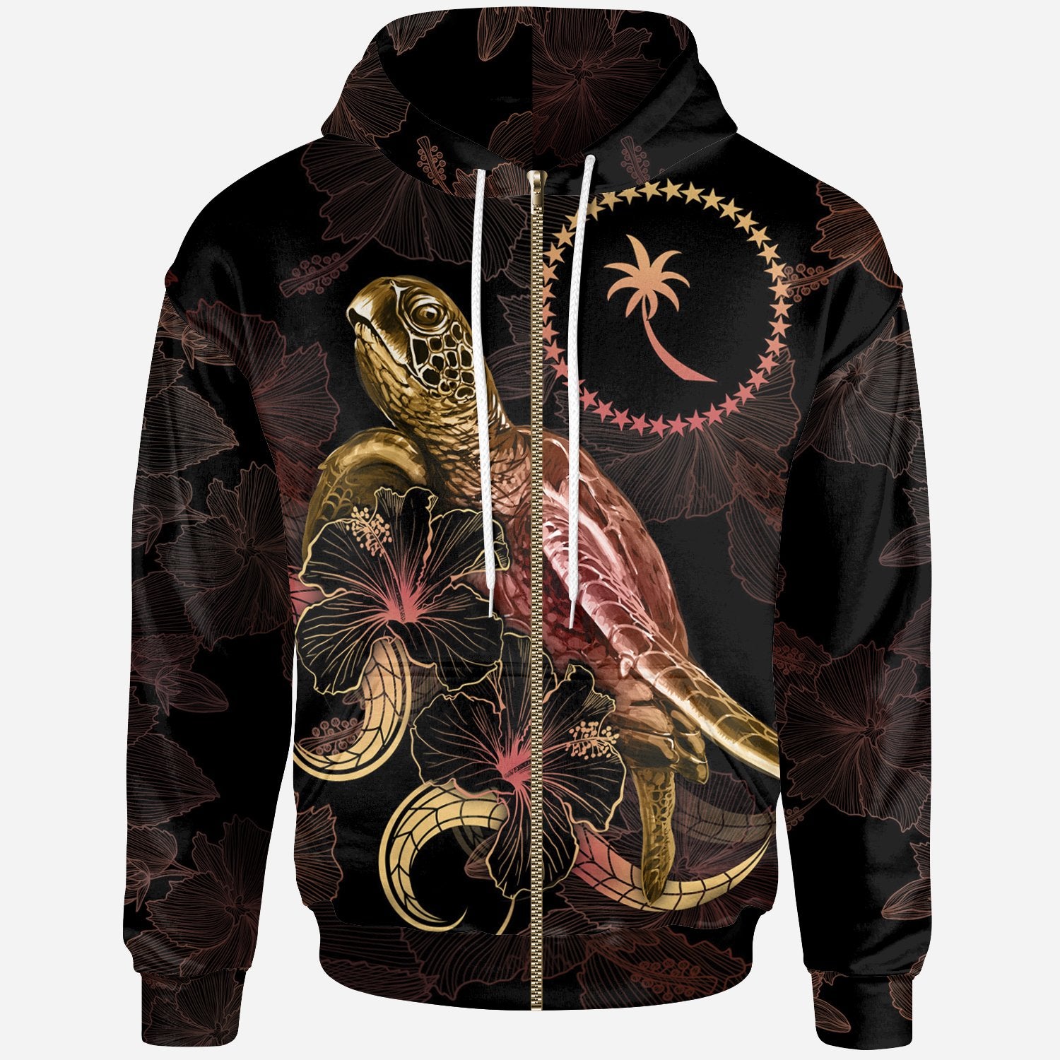 Chuuk Polynesian Zip up Hoodie Turtle With Blooming Hibiscus Gold Unisex Gold - Polynesian Pride