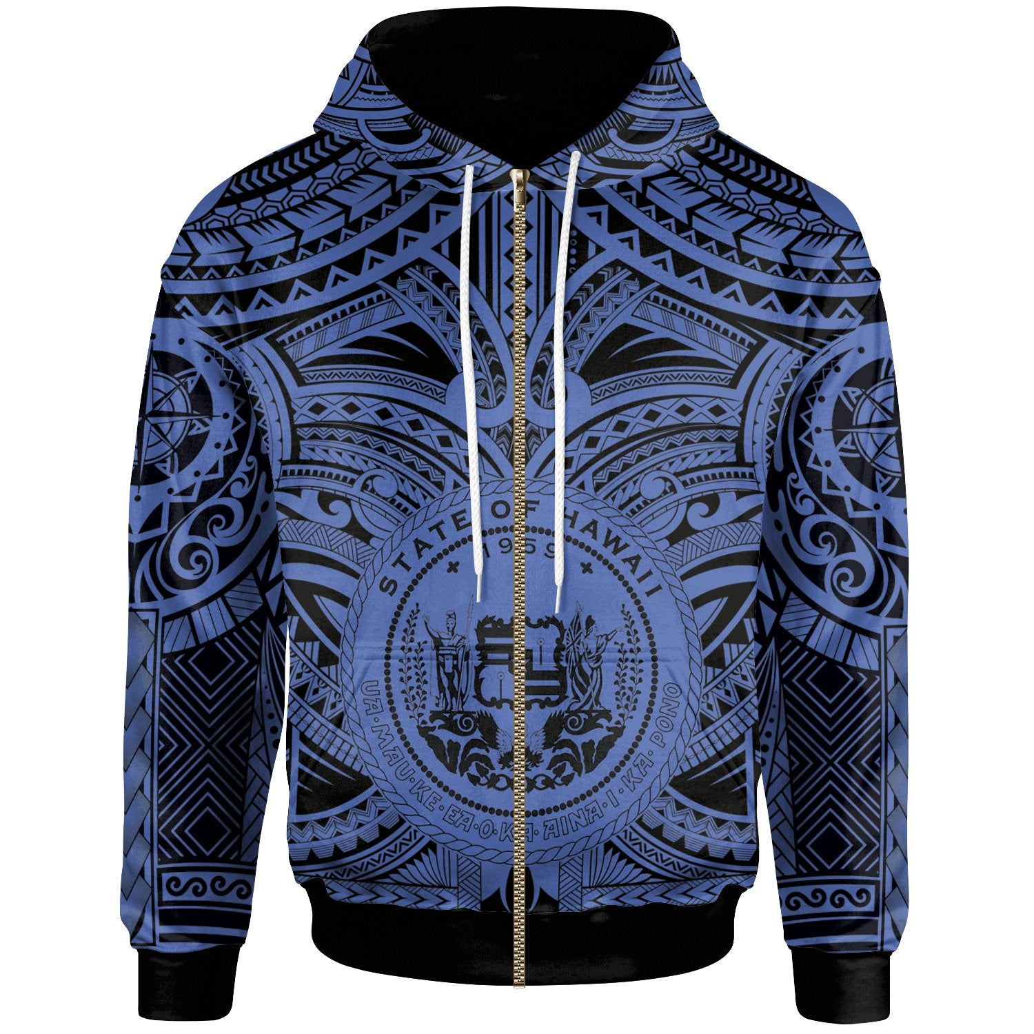 Polynesian Hawaii Zip up Hoodie Coat of Arm Hawaii & Polynesian Tattoo Unisex Blue - Polynesian Pride