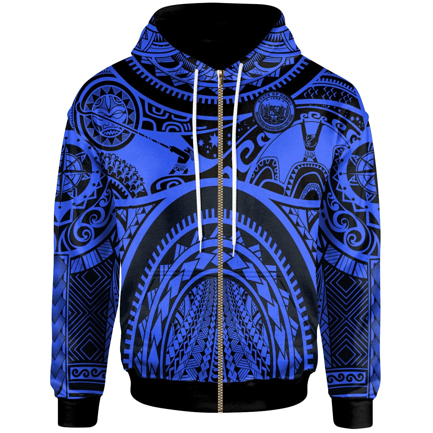 Polynesian Hawaii Zip up Hoodie Coat of Arm Hawaii & Maui Tattoo Unisex Blue - Polynesian Pride