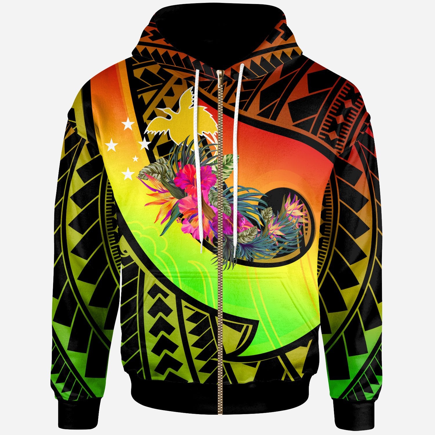 Papua New Guinea Zip up Hoodie Polynesian Hook and Hibiscus (Raggae) Unisex Raggae - Polynesian Pride