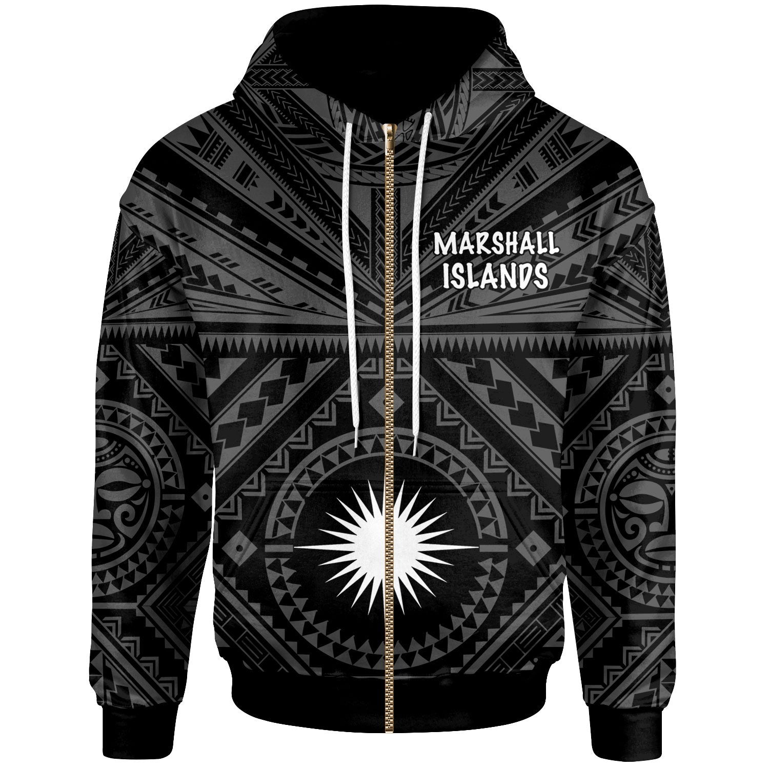 Marshall Islands Zip up Hoodie Marshall Islands Seal With Polynesian Tattoo Style (Black) Unisex Black - Polynesian Pride