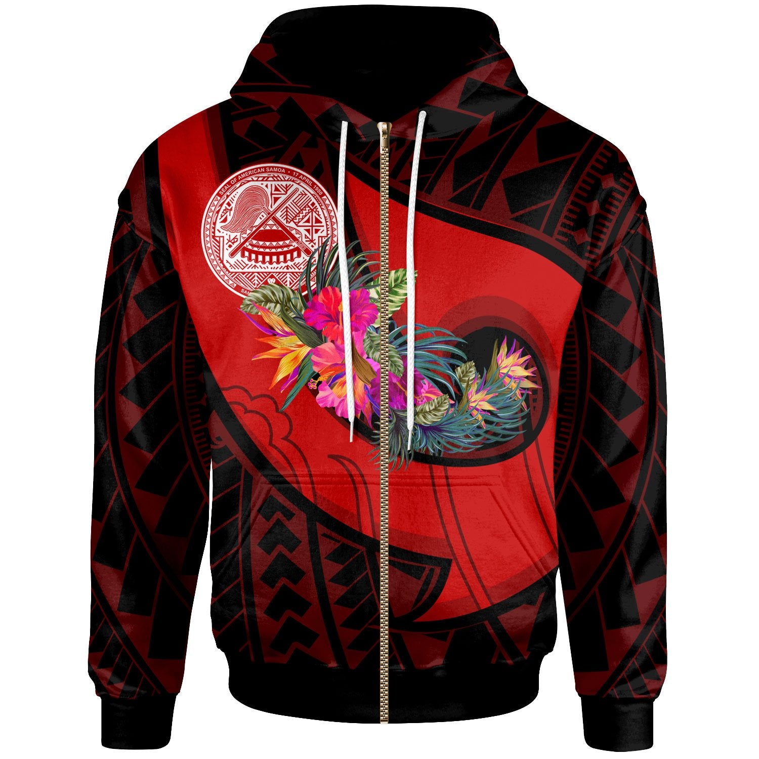 American Samoa Zip up Hoodie Polynesian Hook and Hibiscus (Red) Unisex Red - Polynesian Pride