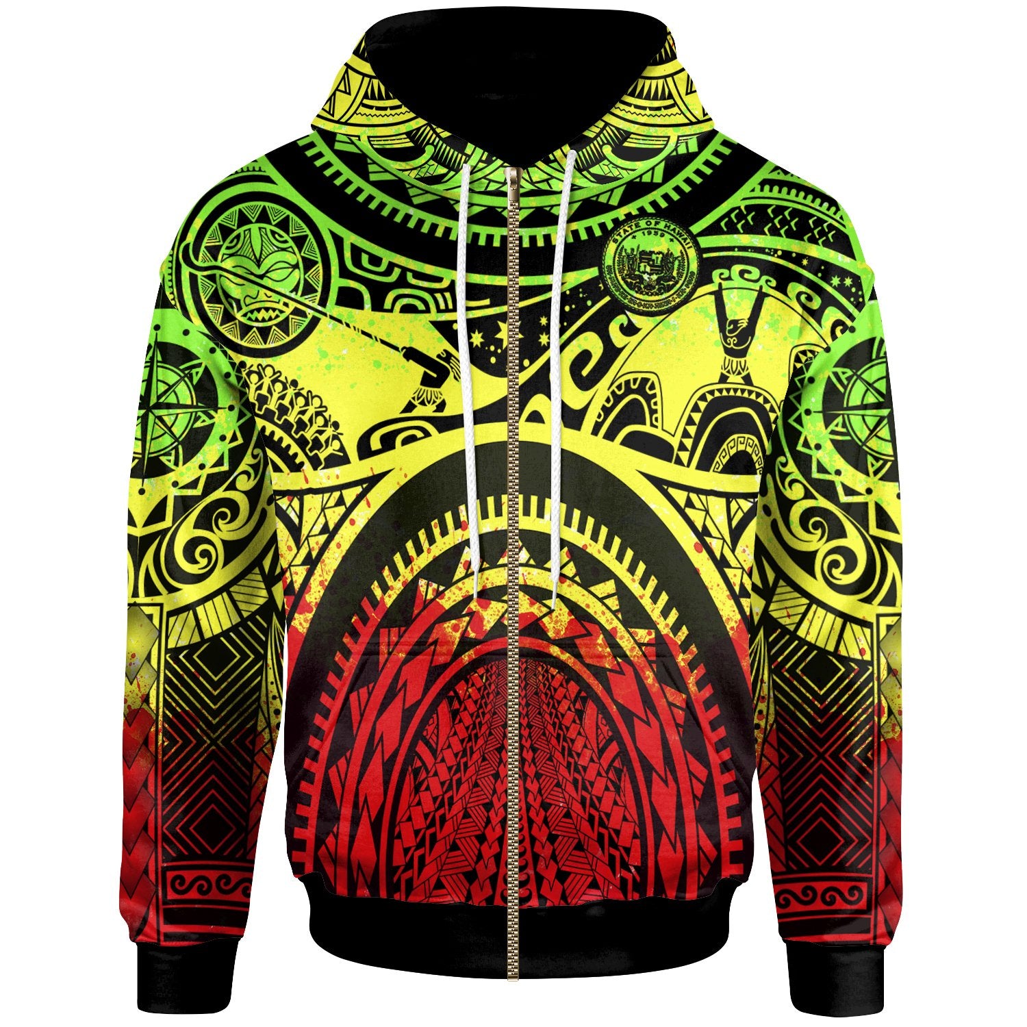 Polynesian Hawaii Zip up Hoodie Coat of Arm Hawaii & Maui Tattoo Unisex Reggae - Polynesian Pride