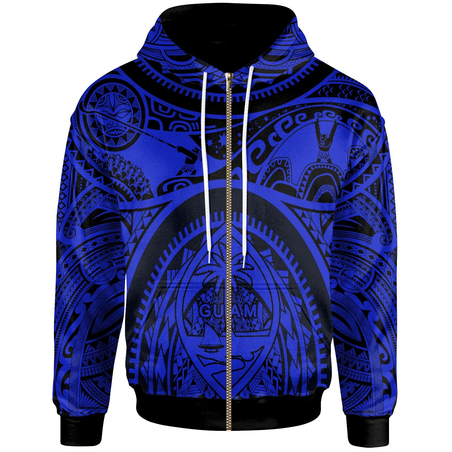 Polynesian Zip up Hoodie Guam Flag, Seal with Maui Moana Tattoo Unisex Blue - Polynesian Pride