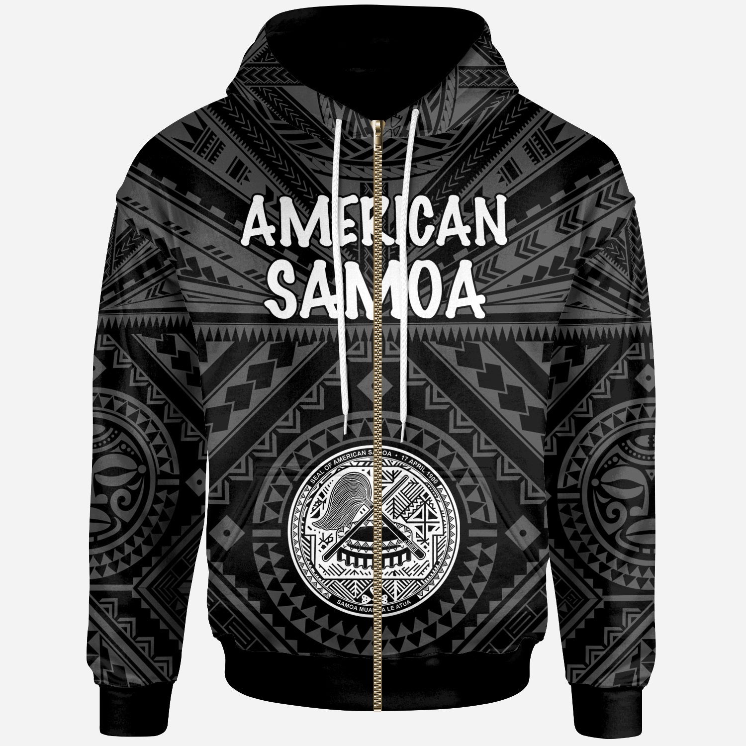 American Samoa Zip up Hoodie Seal In Polynesian Tattoo Style (Black) Unisex Black - Polynesian Pride