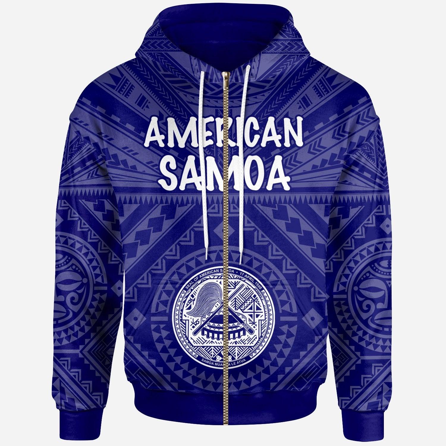 American Samoa Zip up Hoodie Seal In Polynesian Tattoo Style (Blue) Unisex Blue - Polynesian Pride