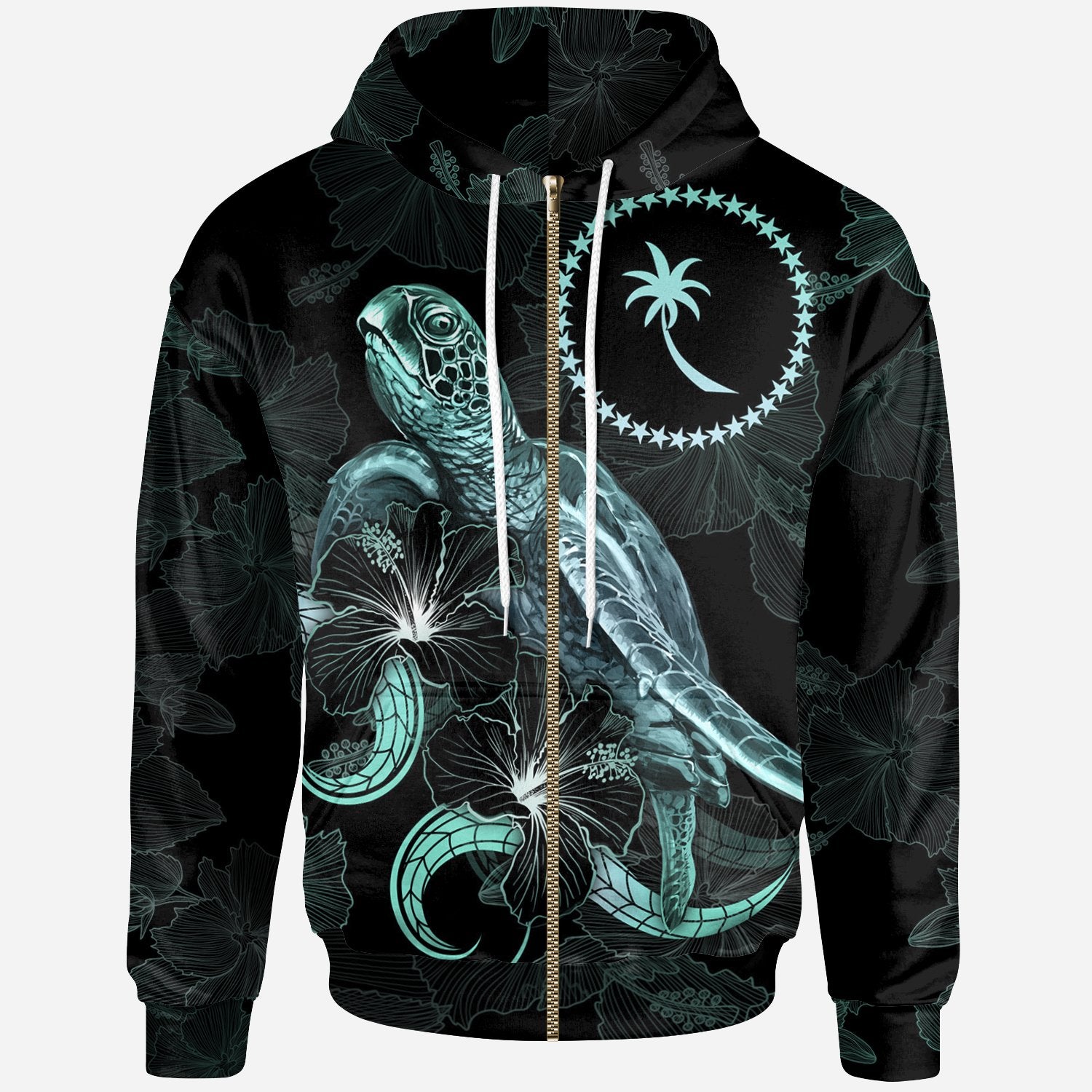 Chuuk Polynesian Zip up Hoodie Turtle With Blooming Hibiscus Turquoise Unisex Turquoise - Polynesian Pride