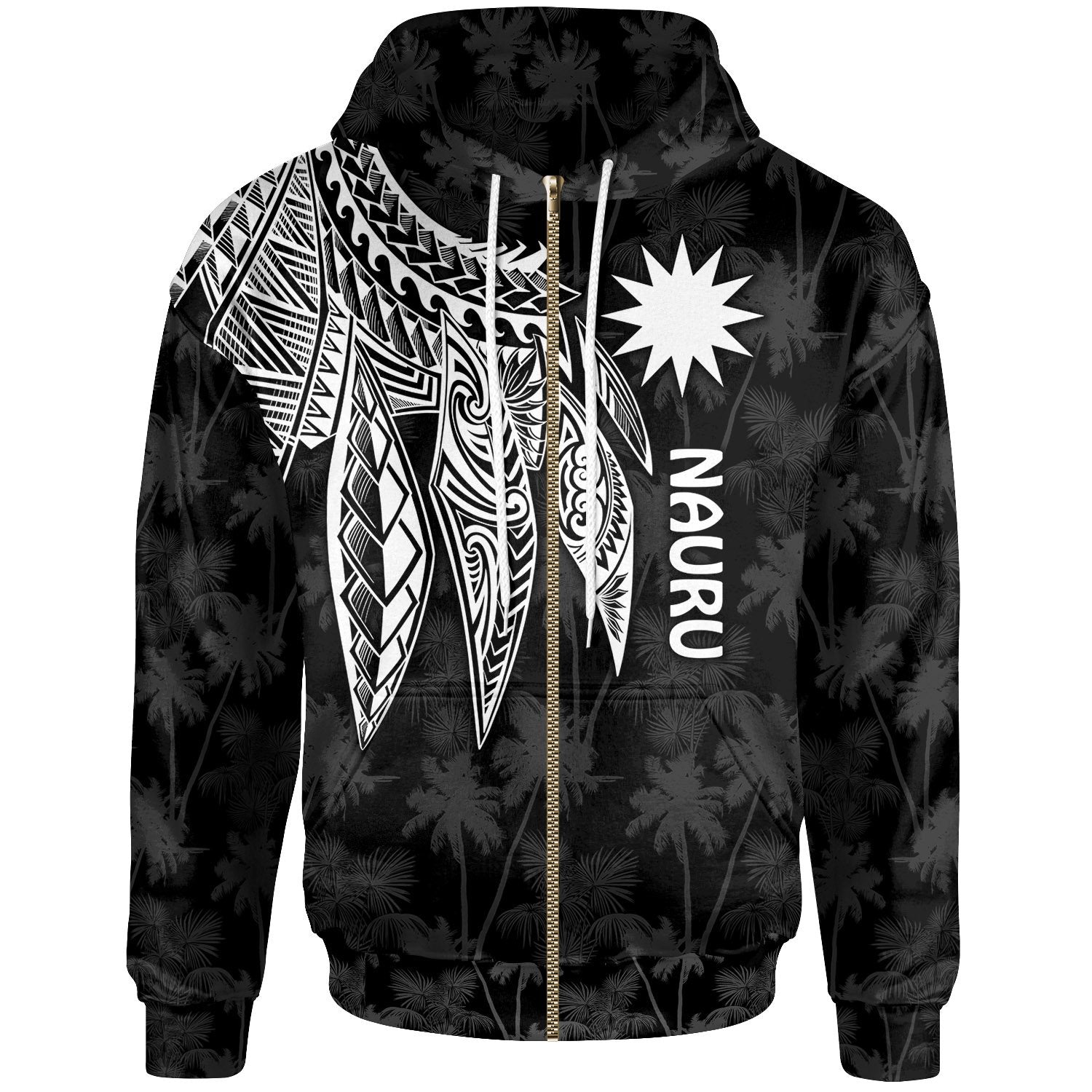 Nauru Zip up Hoodie Polynesian Wings (White) Unisex Black - Polynesian Pride