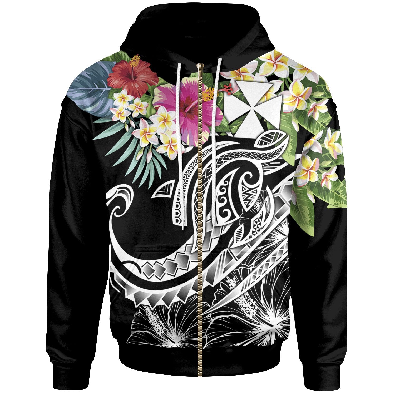 Wallis and Futuna Polynesian Zip up Hoodie Summer Plumeria (Black) Unisex Black - Polynesian Pride