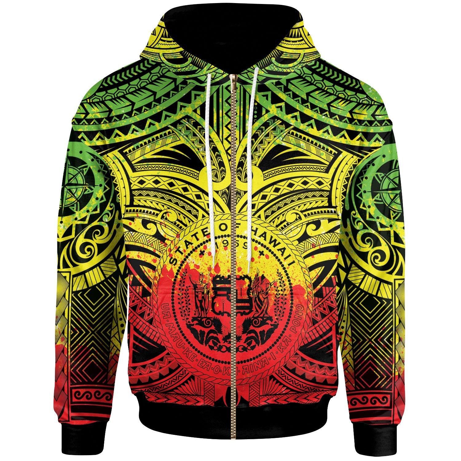 Polynesian Hawaii Zip up Hoodie Coat of Arm Hawaii & Polynesian Tattoo Unisex Reggae - Polynesian Pride