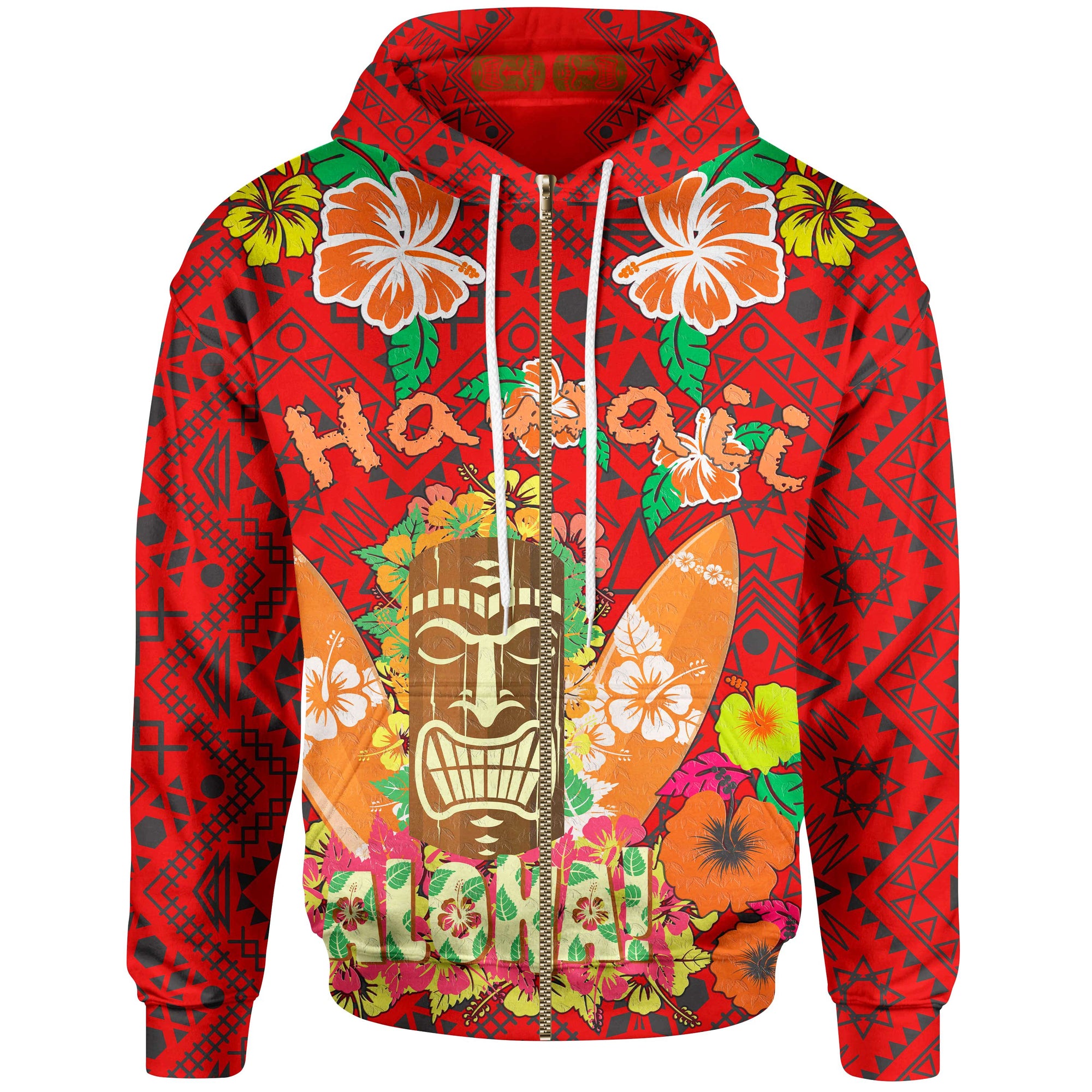 Hawaii Zip up Hoodie Aloha Hawaii Tiki Statue (Red) Unisex Red - Polynesian Pride