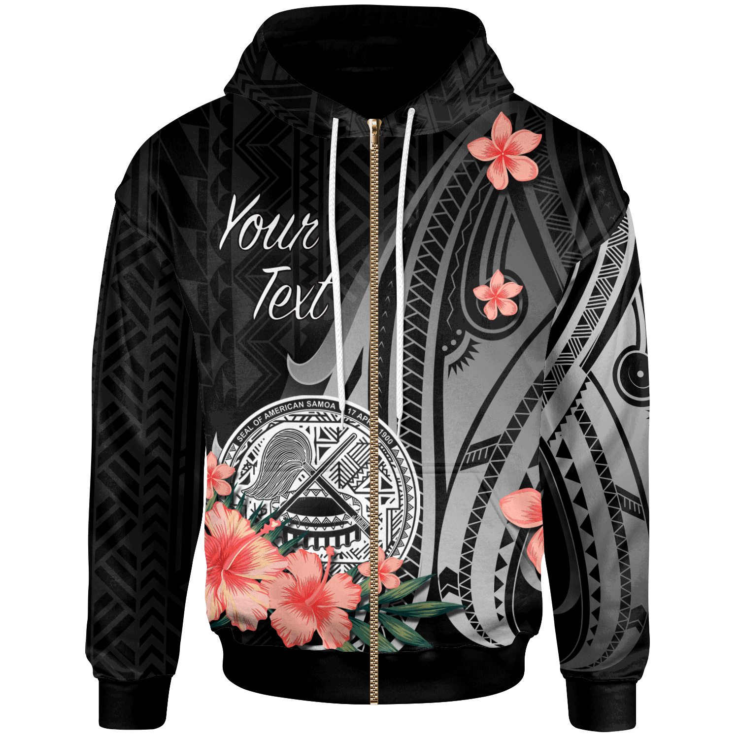 American Samoa Custom Zip Hoodie Polynesian Hibiscus Pattern Style Unisex Black - Polynesian Pride