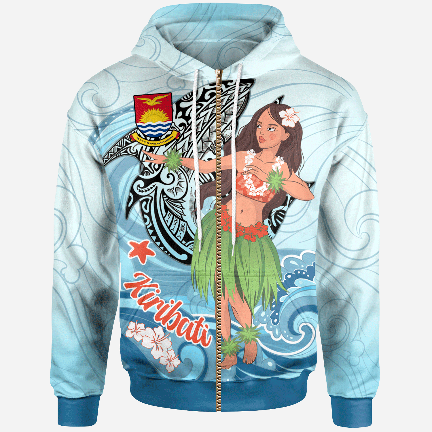 Kiribati Zip Hoodie Polynesian Girls With Shark Unisex Blue - Polynesian Pride