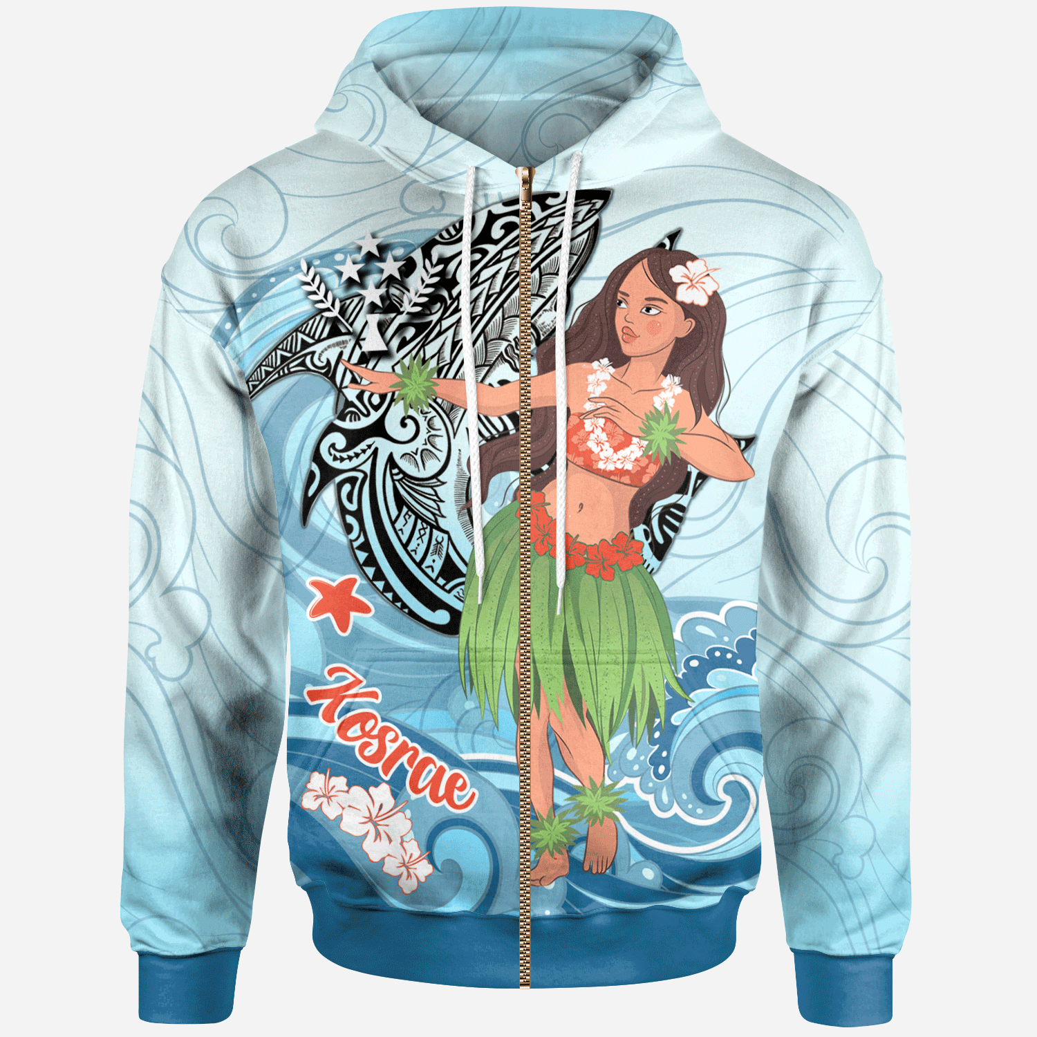 Kosrae Zip Hoodie Polynesian Girls With Shark Unisex Blue - Polynesian Pride