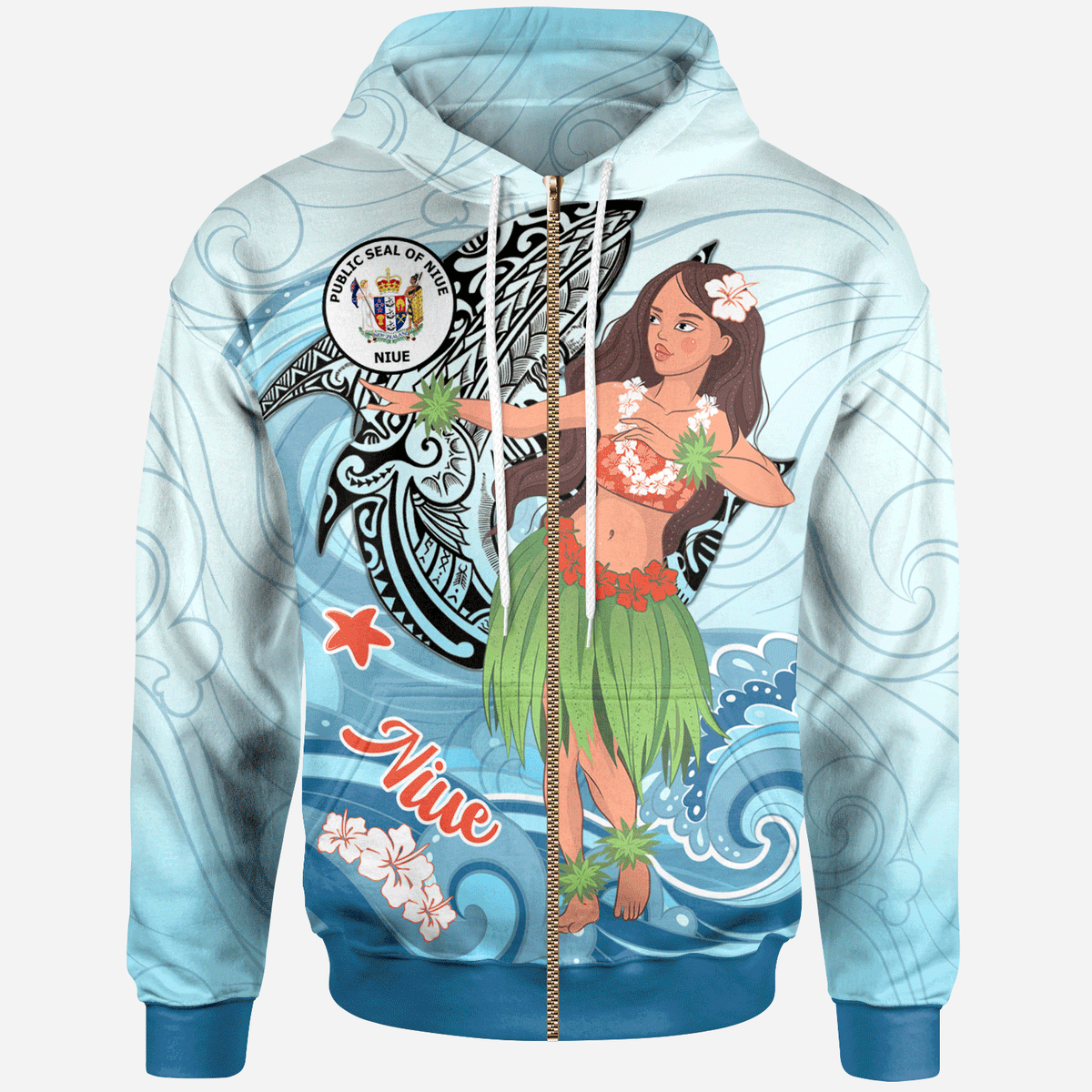 Niue Zip Hoodie Polynesian Girls With Shark Unisex Blue - Polynesian Pride