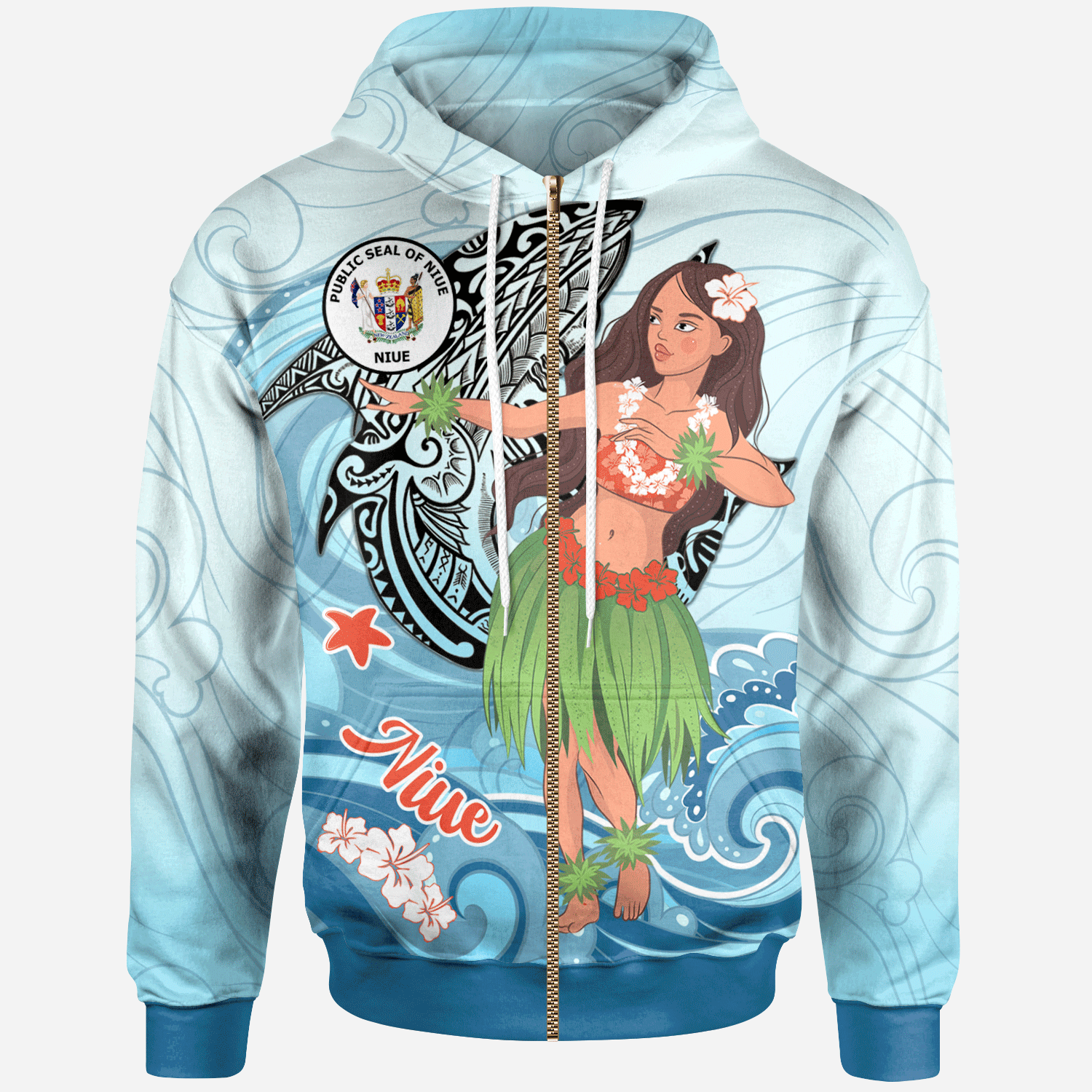 Niue Zip Hoodie Polynesian Girls With Shark Unisex Blue - Polynesian Pride