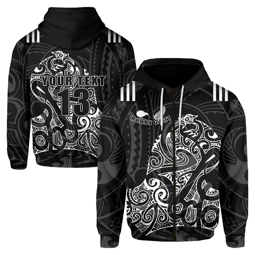 Custom Aotearoa Super Rugby Zip Hoodie Maori Kiwi Custom Text and Number Unisex Black - Polynesian Pride