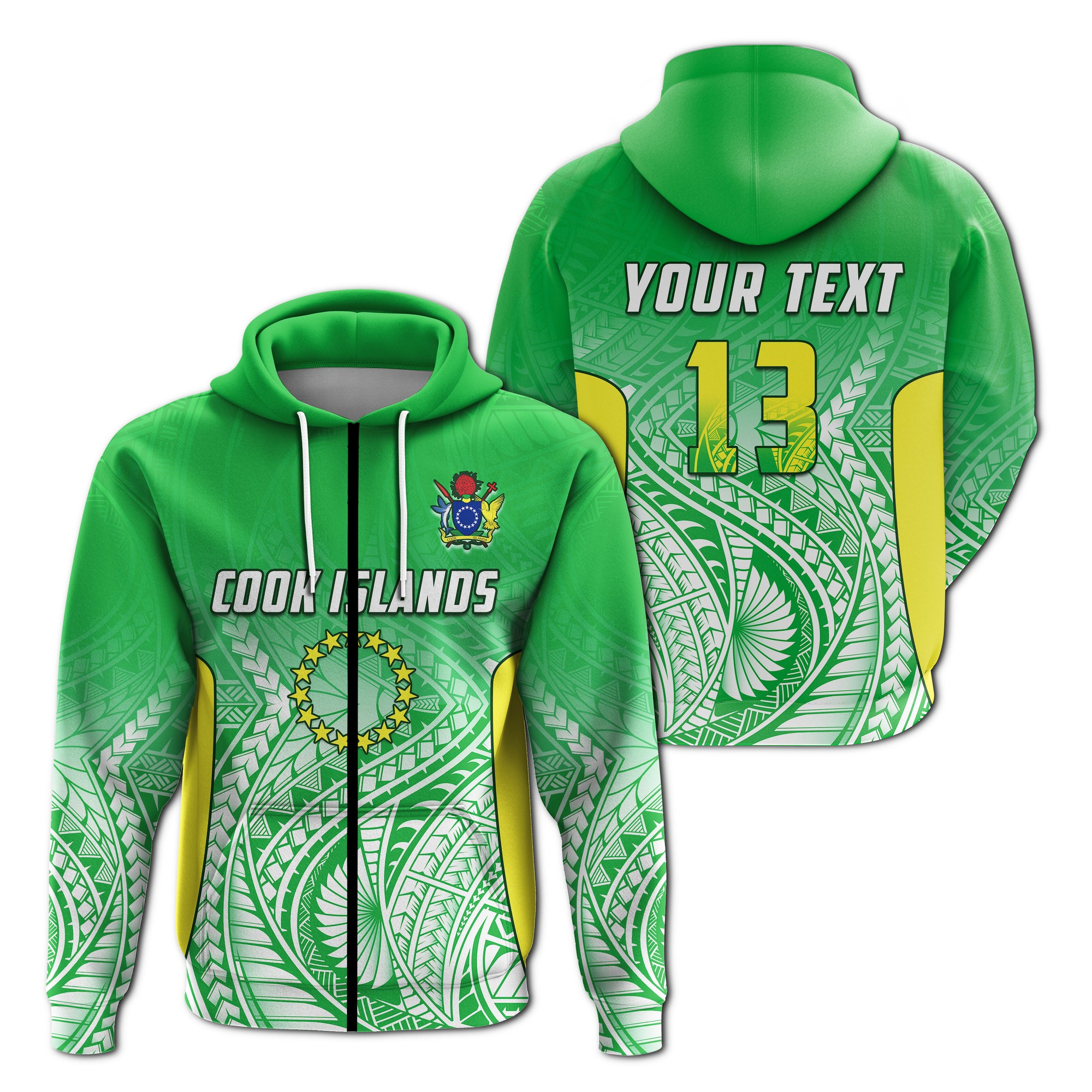 (Custom Text and Number) Cook Islands Zip Hoodie Pattern Be Unique LT13 Unisex Green - Polynesian Pride