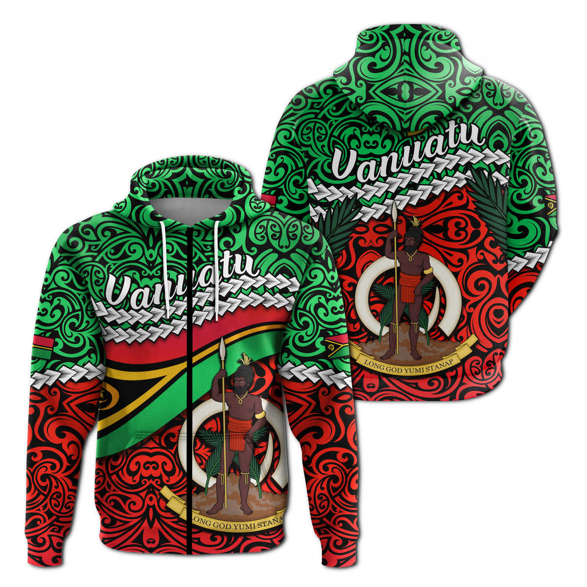 Proud Vanuatu Zip Hoodie Pattern Mix Flag LT13 Unisex Green - Polynesian Pride