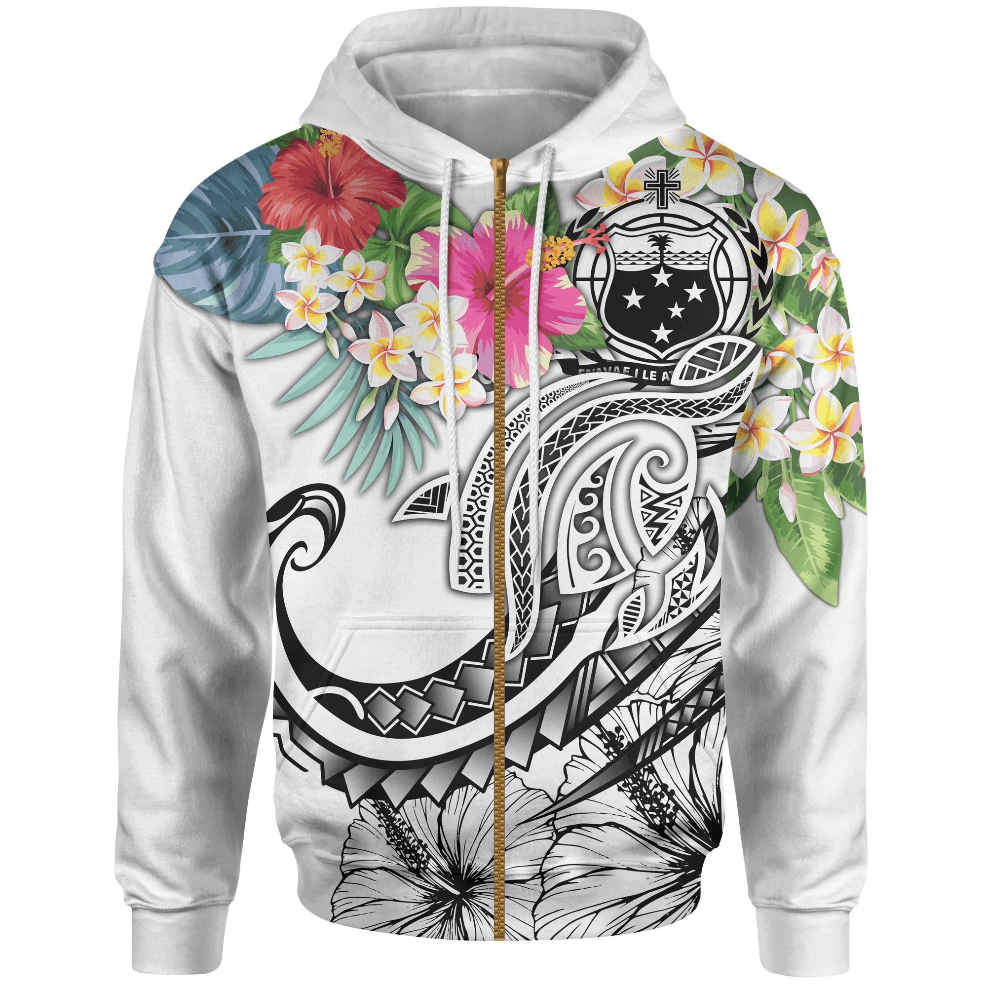 Polynesian Samoa Zip up Hoodie Summer Plumeria (White) Unisex White - Polynesian Pride