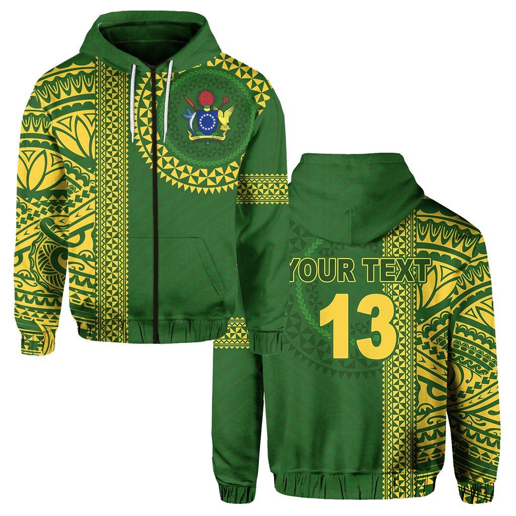 Custom Cook Islands Rugby Zip Hoodie Notable Custom Text and Number Unisex Green - Polynesian Pride