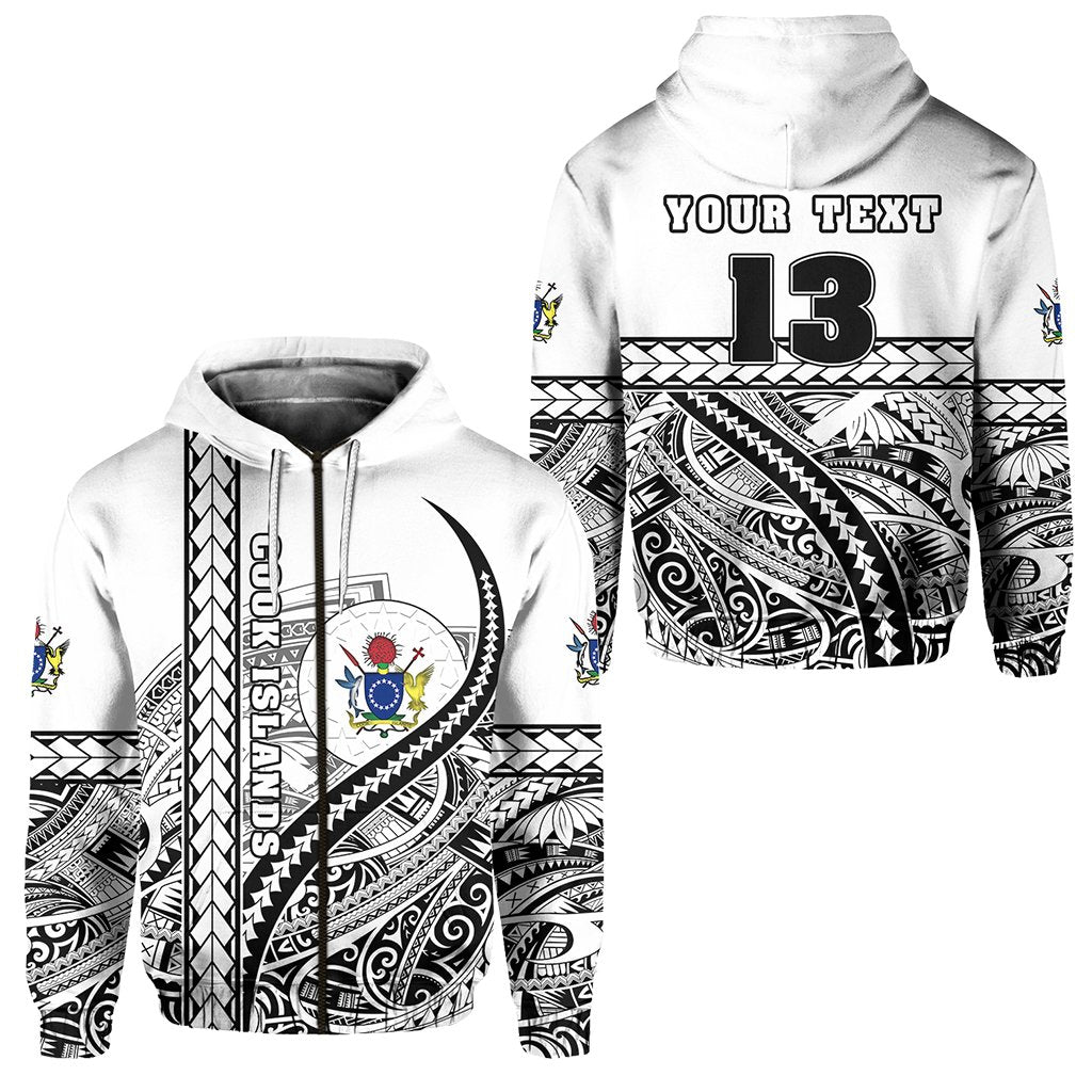 Custom Cook Islands Rugby Zip Hoodie Simple Custom Text and Number Unisex White - Polynesian Pride