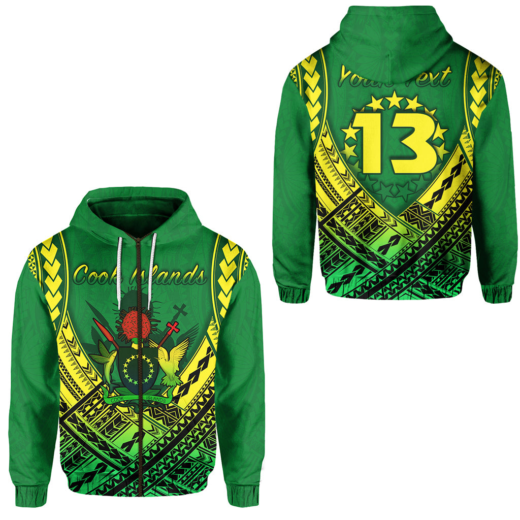 Custom Cook Islands Rugby Zip Hoodie Simple Polynesian Custom Text and Number LT13 Unisex Green - Polynesian Pride