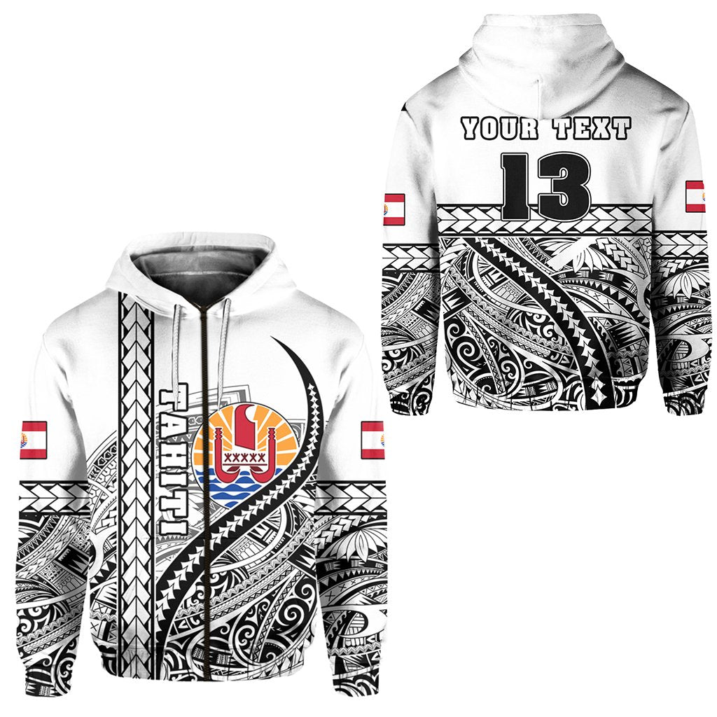 Custom Tahiti Rugby Zip Hoodie Marvelous Version White Custom Text and Number Unisex White - Polynesian Pride