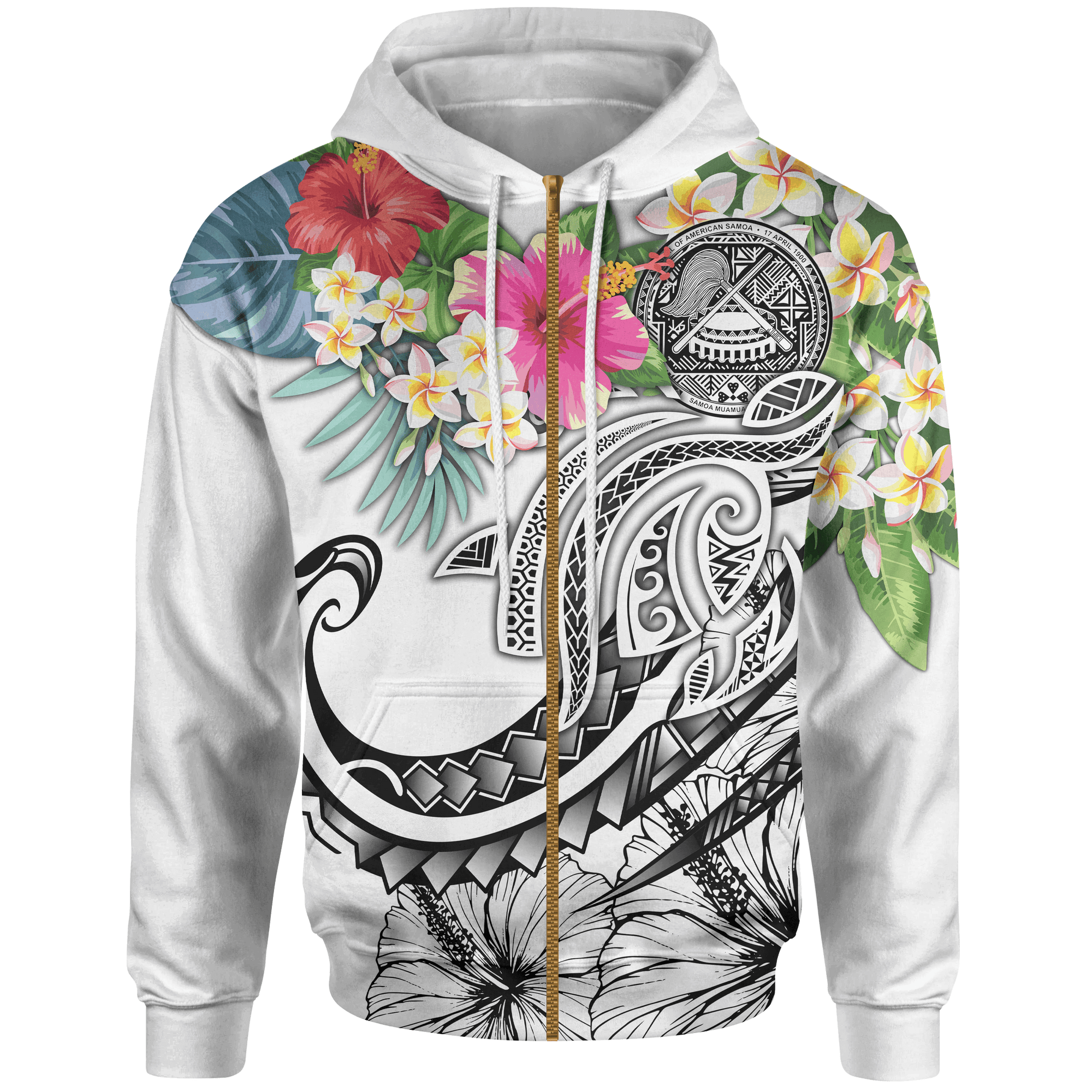 Polynesian American Samoa Zip up Hoodie Summer Plumeria (White) Unisex White - Polynesian Pride