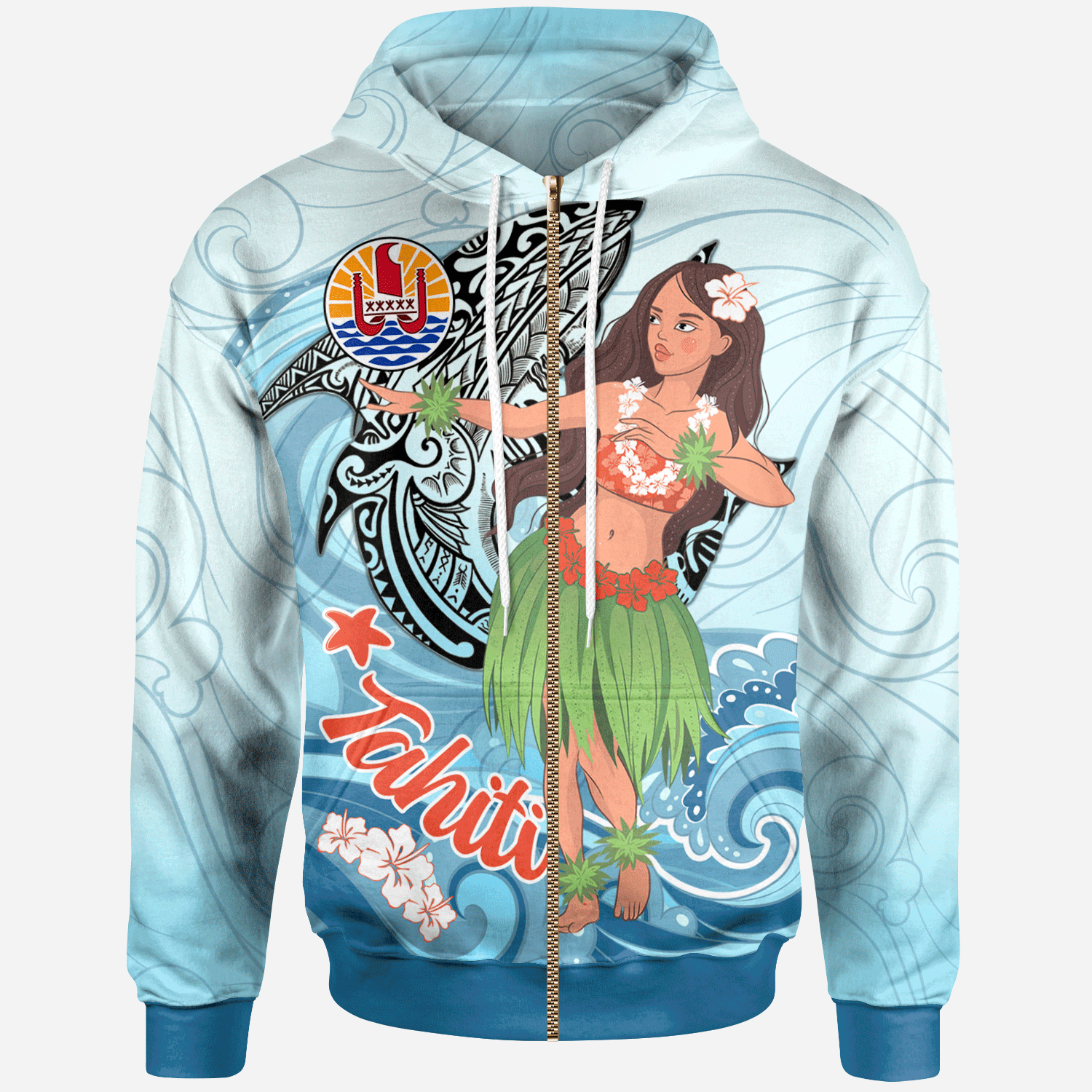 French Polynesia Zip Hoodie Polynesian Girls With Shark Unisex Blue - Polynesian Pride