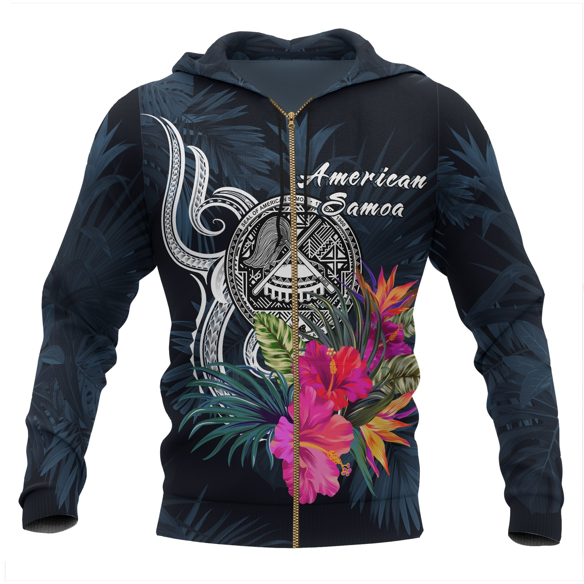 American Samoa Polynesian Zip up Hoodie Tropical Flower Unisex Blue - Polynesian Pride